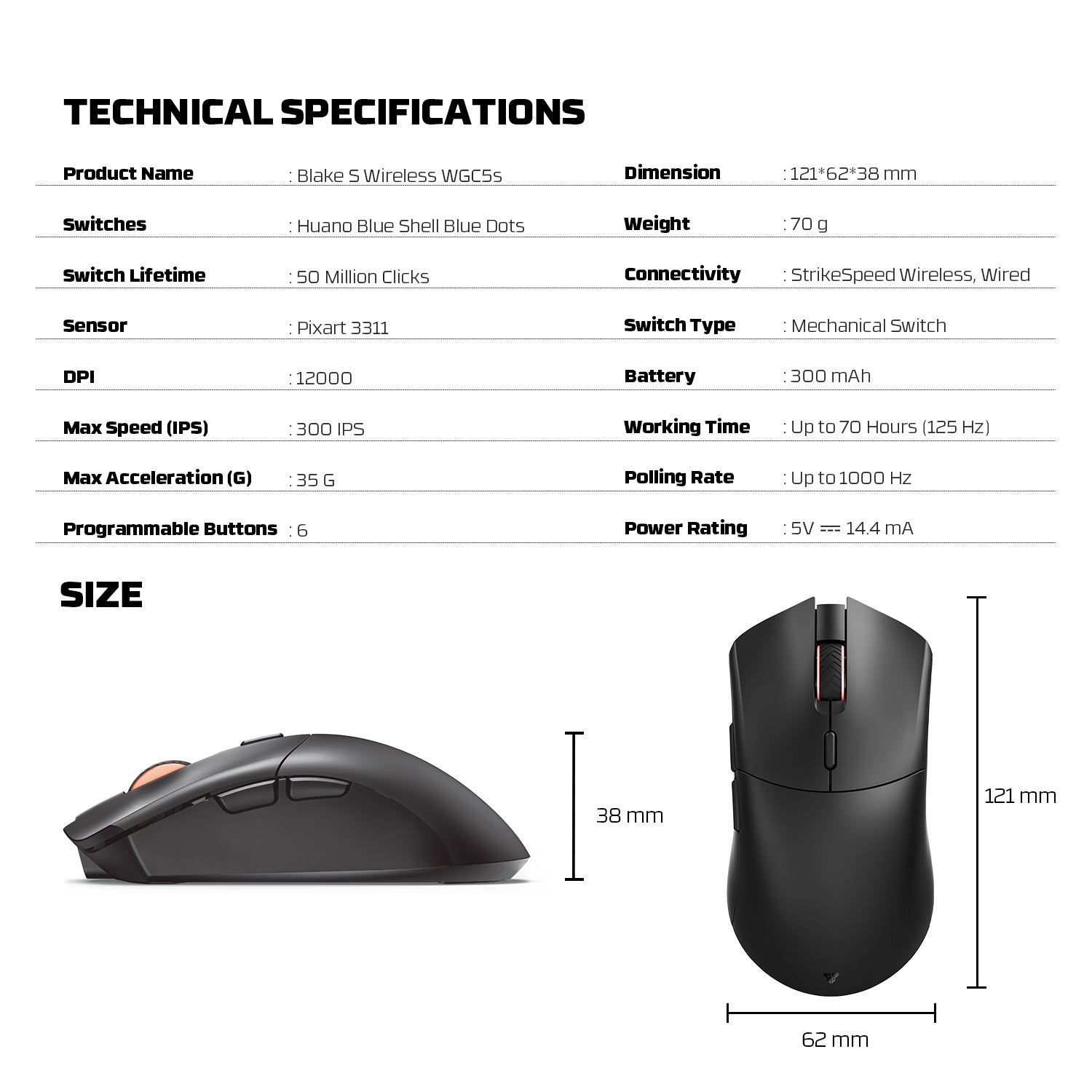 ماوس الألعاب اللاسلكي ثنائي الوضع FANTECH WGC5S BLAKE S - أسود