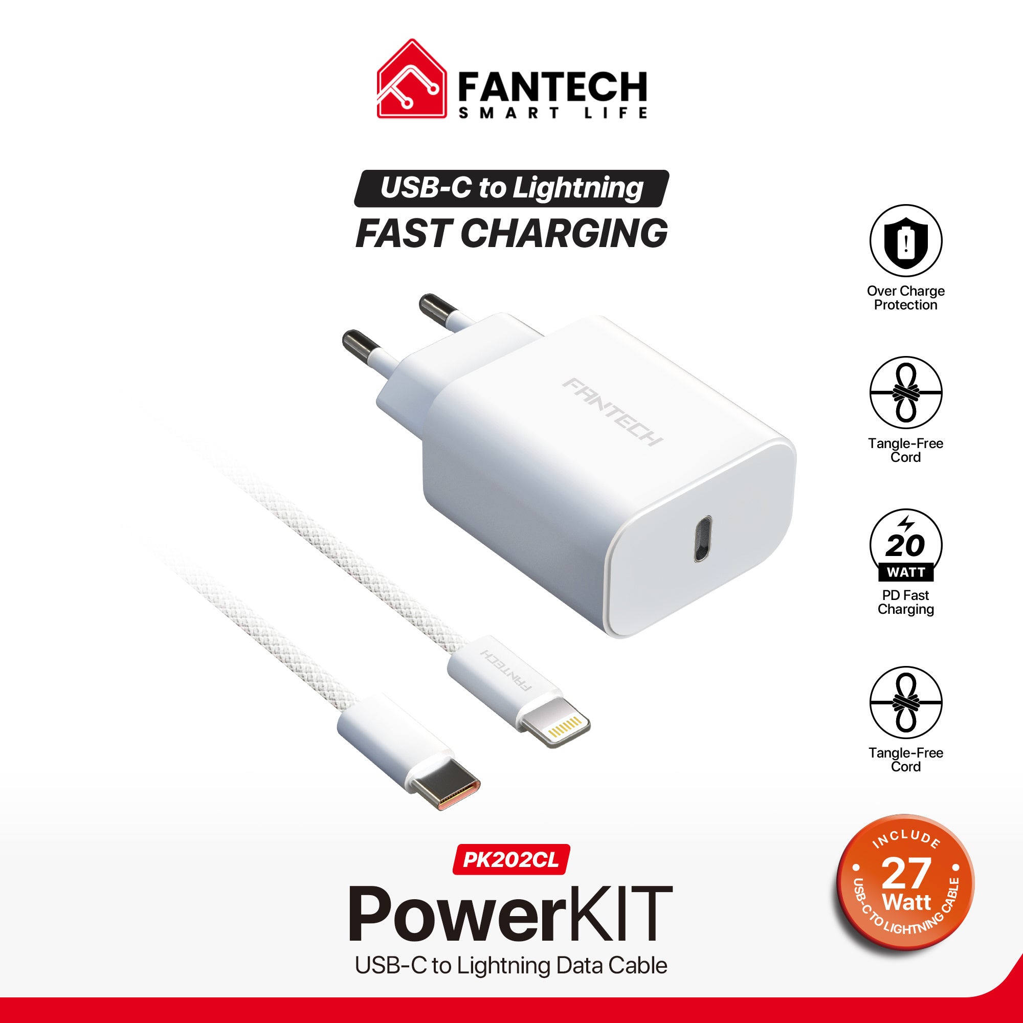 FANTECH PK202 20W Fast Charging Plug USB C Braided Cable Power Delivery for iPhone Home Car Travel Use Phone Charger Data Cable