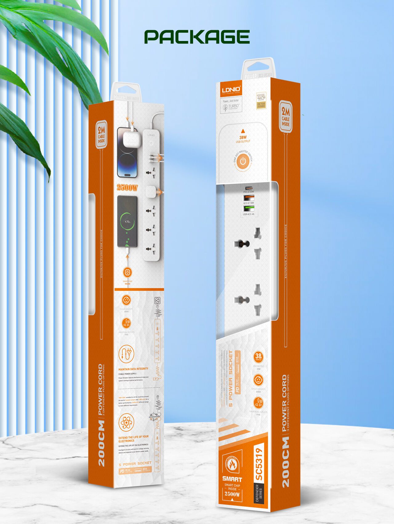 LDNIO SC5319 Multi Socket Extension Lead with 5 AC 3 USB Power Socket Plug Extender 2M