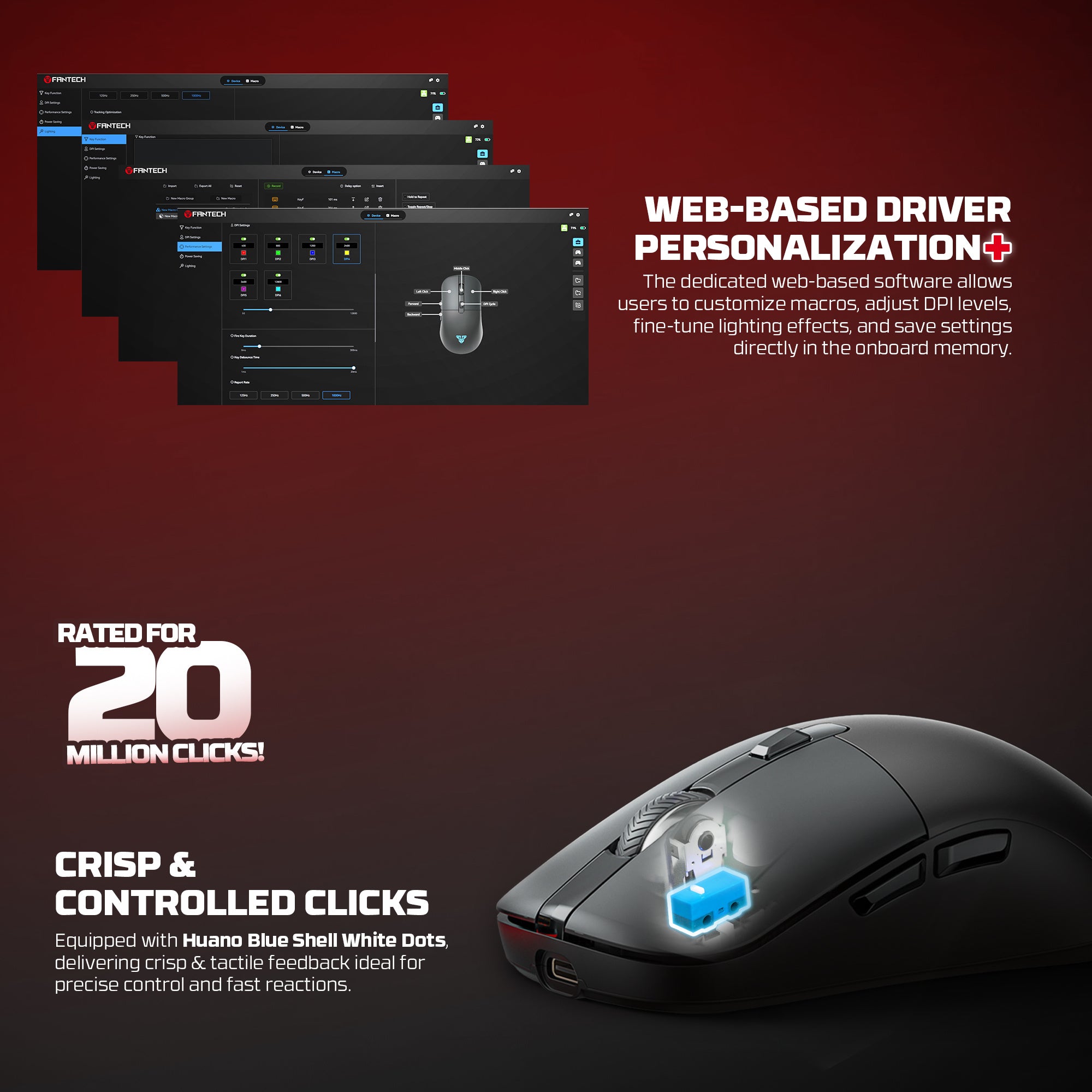 FANTECH WG9RD Wireless Gaming Mouse with Charging Magnetic Base Three Mode 12000DPI Customized E-sports Gamer Mouse