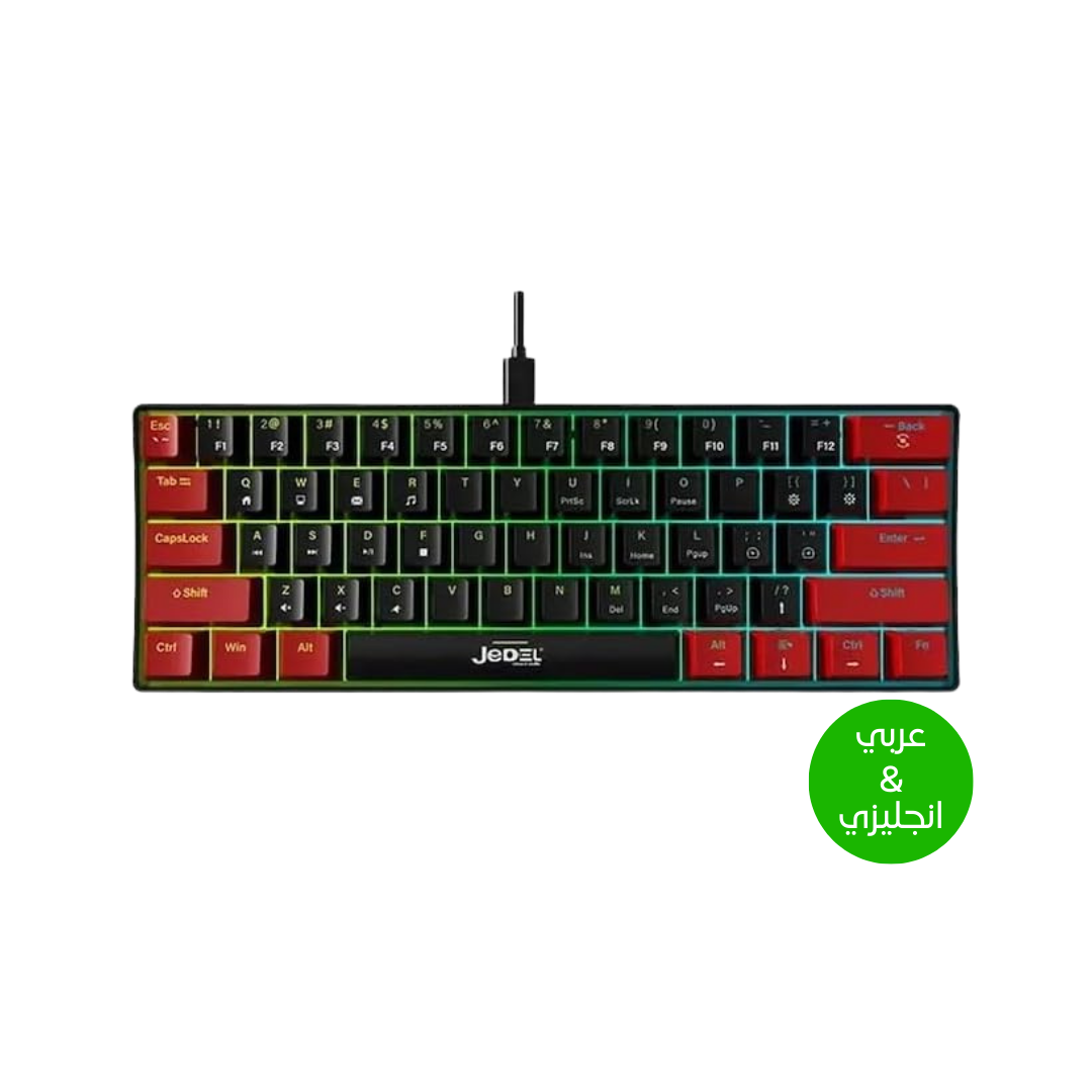 For JEDEL KL69 60% Mechanical Gaming Keyboard (Arabic/English) – Rainbow LED Backlit – 61 Keys Key – Blue Switches –Double injection key caps Illumination – USB Wired For PC (Black/Red)