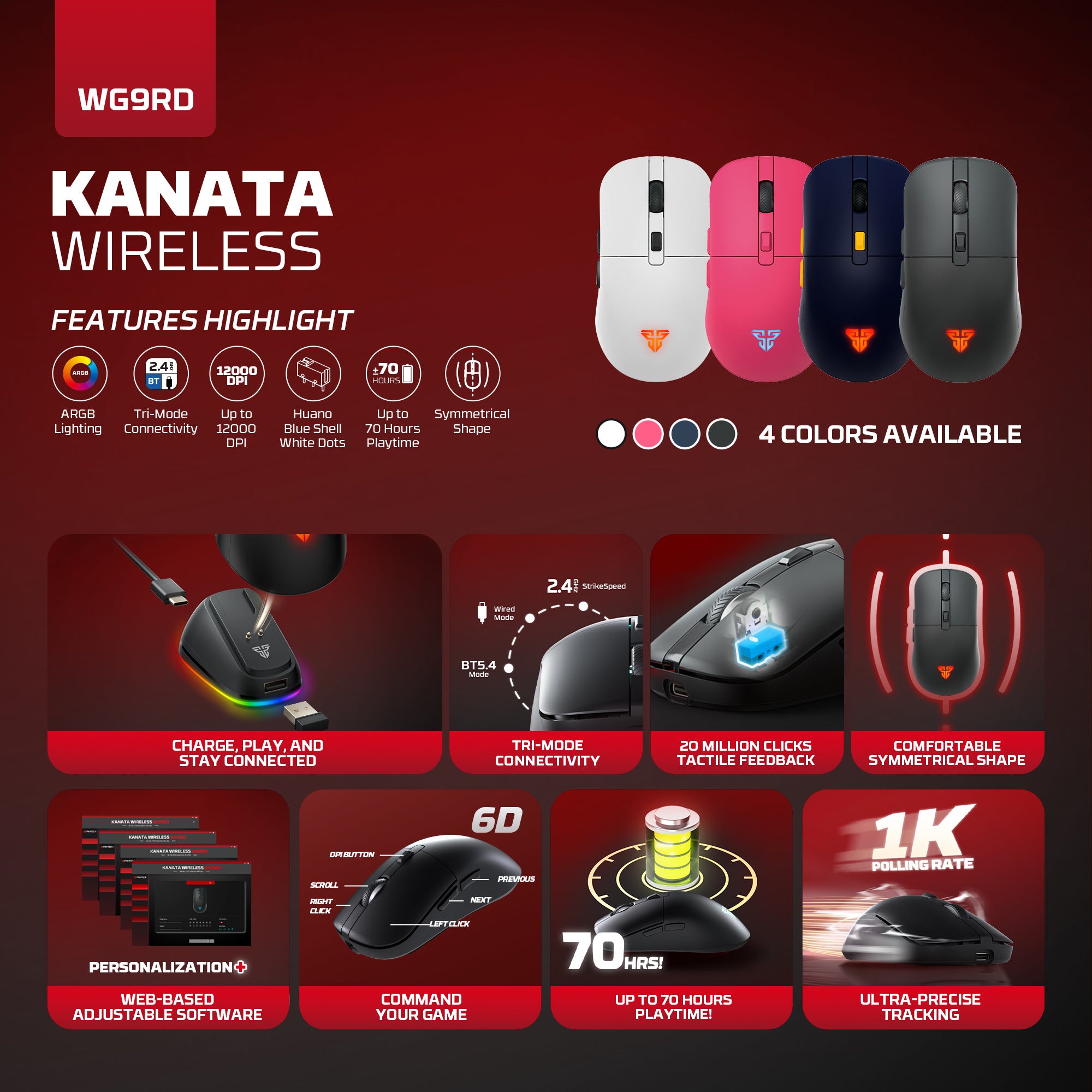FANTECH WG9RD Wireless Gaming Mouse with Charging Magnetic Base Three Mode 12000DPI Customized E-sports Gamer Mouse