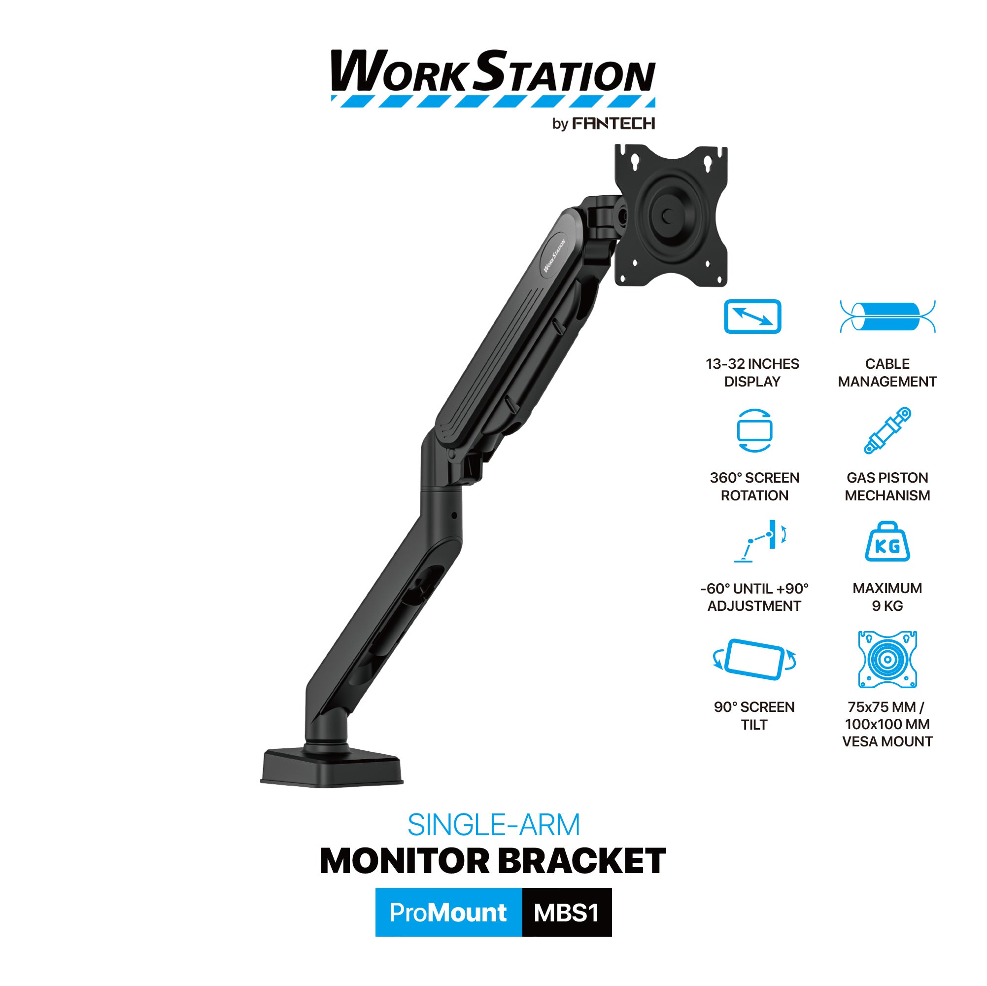 Fantech Workstation MBS1 Single-Arm Monitor Mount, 90 Degree for 13" to 32" Screen Adjustable Spring Dual Monitor Arm Bracket for Desk