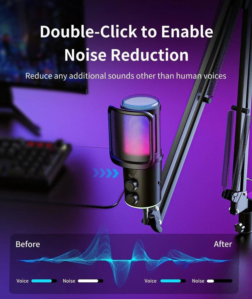 Gaming USB Microphone, Noise Cancellation Condenser Mic with Mute,Boom Arm Mic-Reverb Adjustment, Monitoring for Streaming, Podcasting, Discord, YouTube,PC, Computer, PS4, PS5, Mac-White