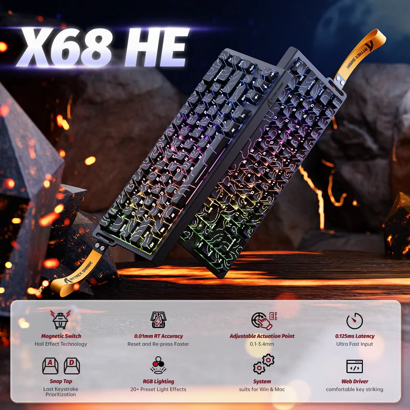 ATTACK SHARK X68 HE Rapid Trigger Mechanical Gaming Keyboard 60% Wired TKL with Adjustable Actuation,Hall Effect Magnetic Switch,8KHz Polling Rate,RGB Backlit,Top Mount for PC Mac Esport Gamer(Black)