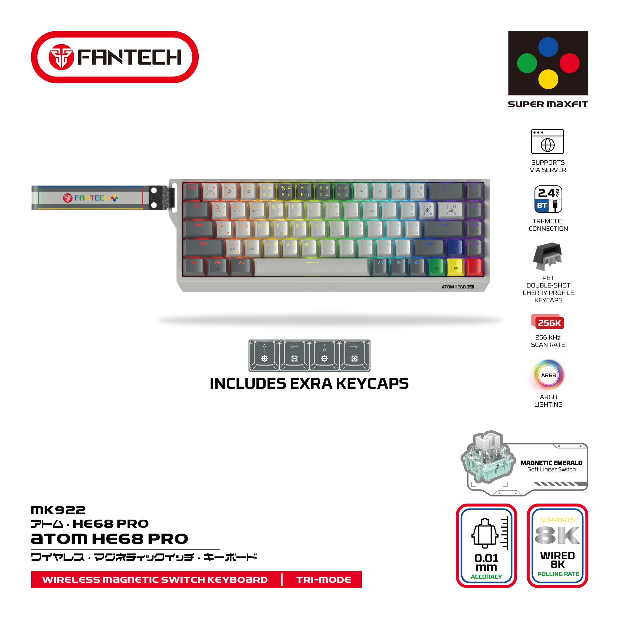 Fantech Keyboard ATOM HE68 MK922 MAGNETIC SWITCH 8000 HZ  – GRAY