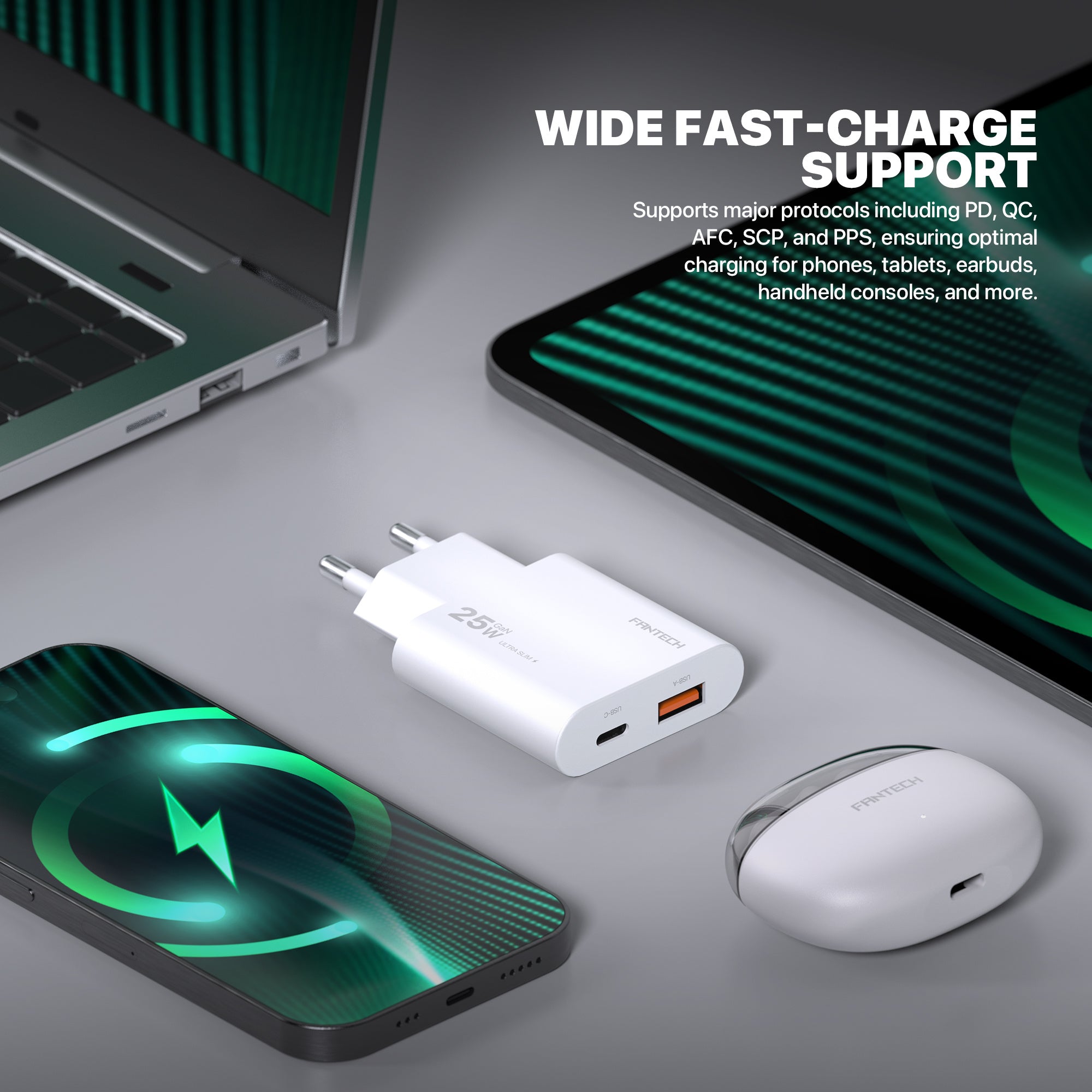 Fantech PowerPLUS PPS251 25W GaN Fast Charger – Dual-Port USB-C & USB-A PD + QC Wall Charger, Ultra-Slim Compact Design with Smart Charging & Safety Protection