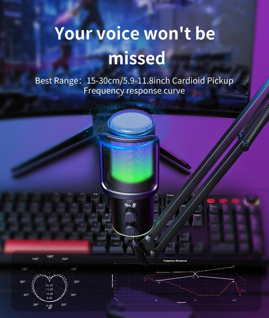 Gaming USB Microphone, Noise Cancellation Condenser Mic with Mute,Boom Arm Mic-Reverb Adjustment, Monitoring for Streaming, Podcasting, Discord, YouTube,PC, Computer, PS4, PS5, Mac-White