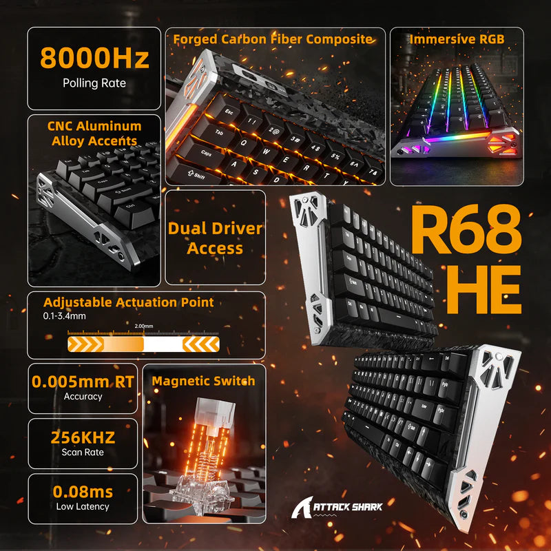 ATTACK SHARK R68 HE Carbon Fiber Rapid Trigger Keyboard Magnetic Switch