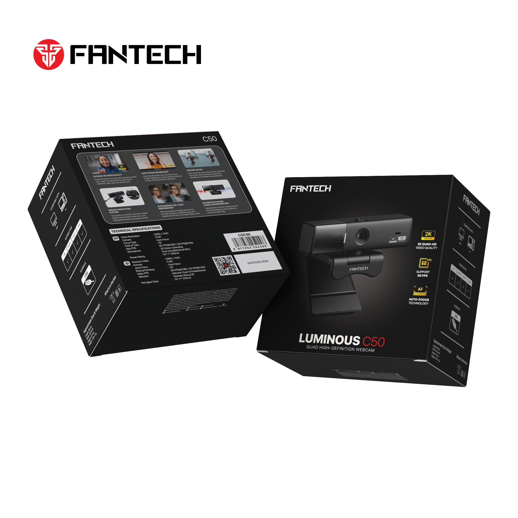 Fantech Luminous C50 Quad High-Definition Webcam 2K Quad-HD Support 60 FPS & 3D Noise Cancelling Mic
