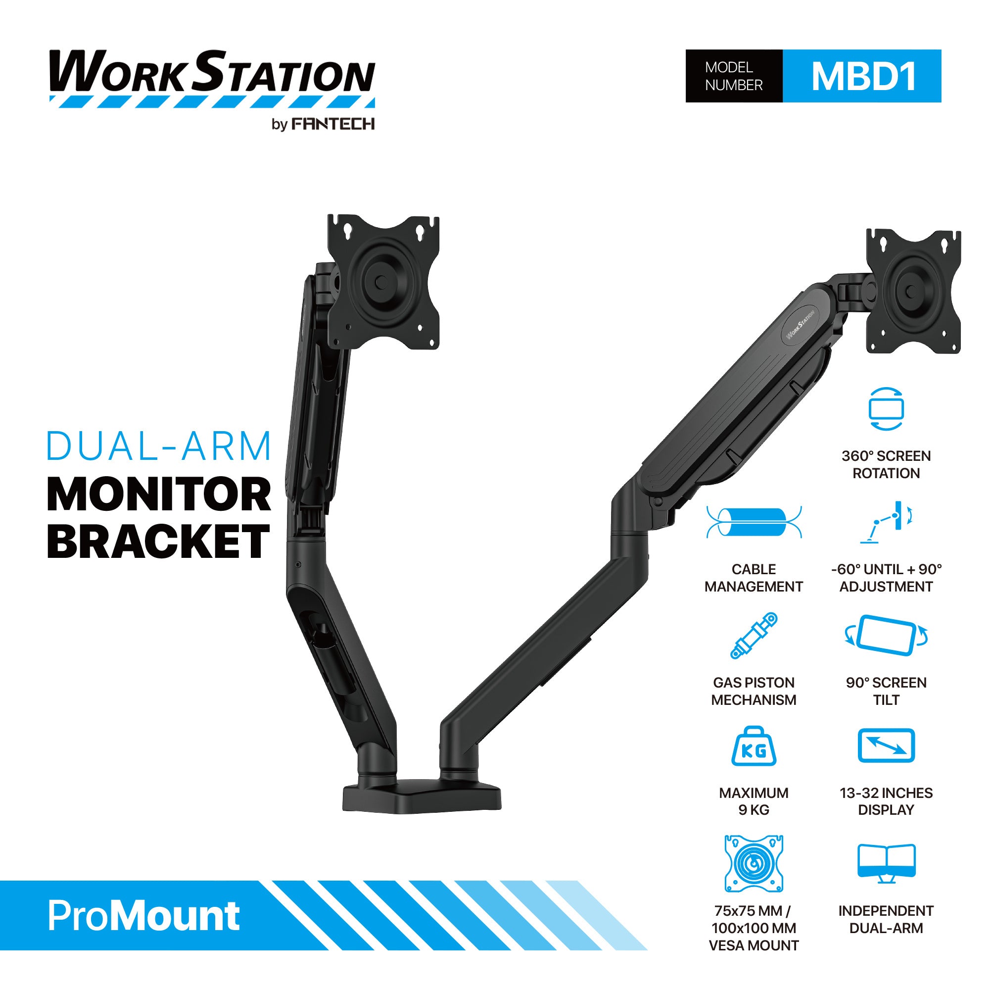 Fantech Workstation MBD1 Dual-Arm Monitor Mount, 90 Degree for 13" to 32" Screen Adjustable Spring Dual Monitor Arm Bracket for Desk