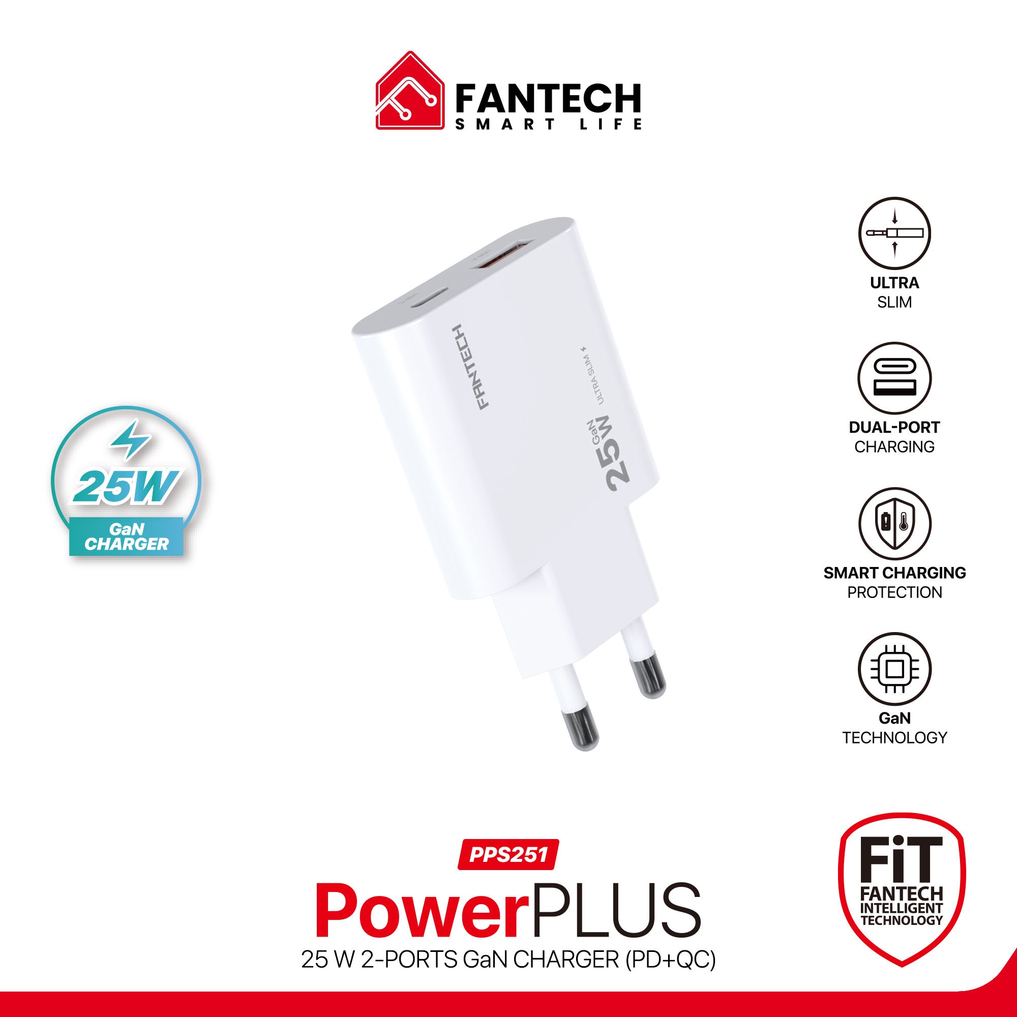 Fantech PowerPLUS PPS251 25W GaN Fast Charger – Dual-Port USB-C & USB-A PD + QC Wall Charger, Ultra-Slim Compact Design with Smart Charging & Safety Protection