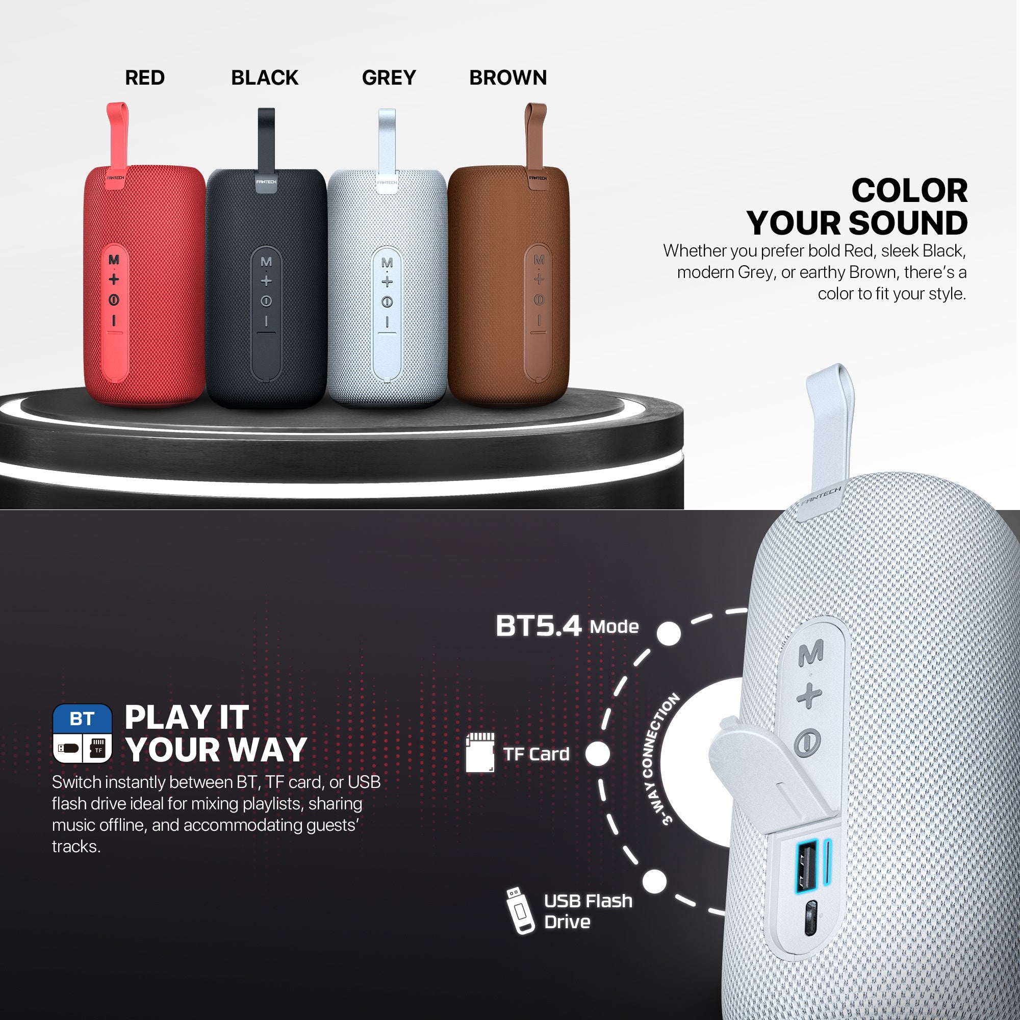 FANTECH BS159 True Wireless RMS Speaker TWS Deep Bass 10W 57mm Driver 4-Way Connectivity BT TF Card USB RGB Portable Speaker - Red