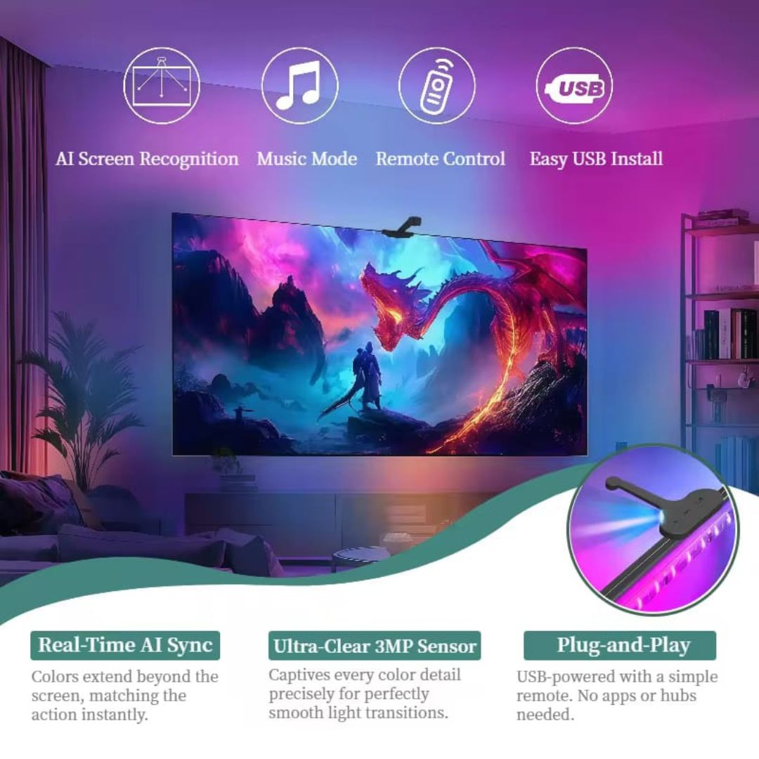 WACUAAO AI Sync LED TV Backlight with Camera, Music Sync,USB Powered, Remote Control, for Living Room, Home Theater, Gaming Room