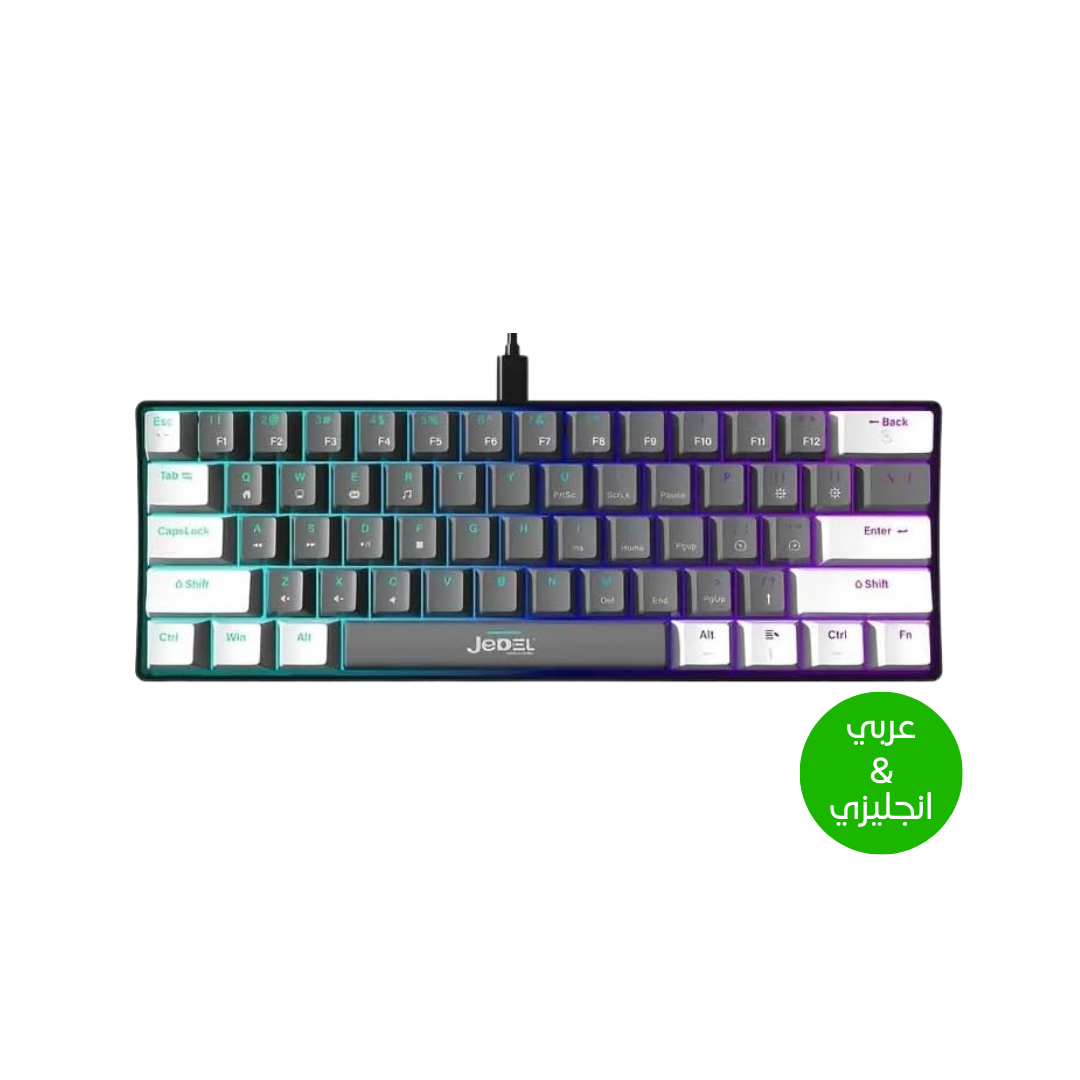 For JEDEL KL69 60% Mechanical Gaming Keyboard (Arabic/English) – Rainbow LED Backlit – 61 Keys Key – Blue Switches –Double injection key caps Illumination – USB Wired For PC (Black/Red)
