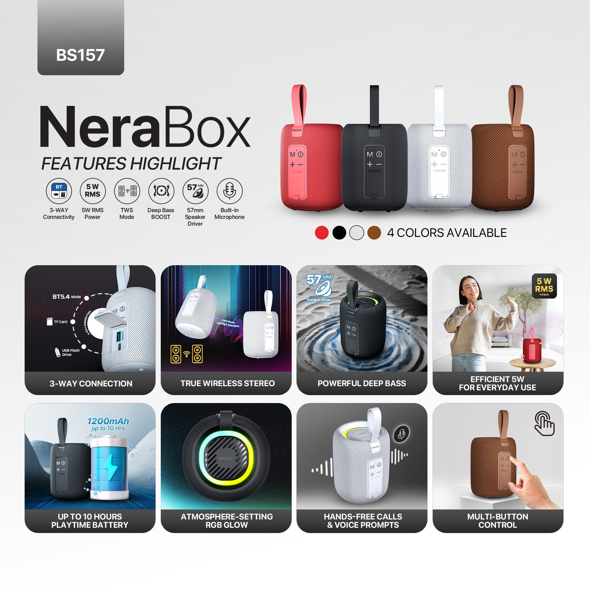 FANTECH(BS157)-NeraBox 5W RMS PORTABLE SPEAKER - Gray