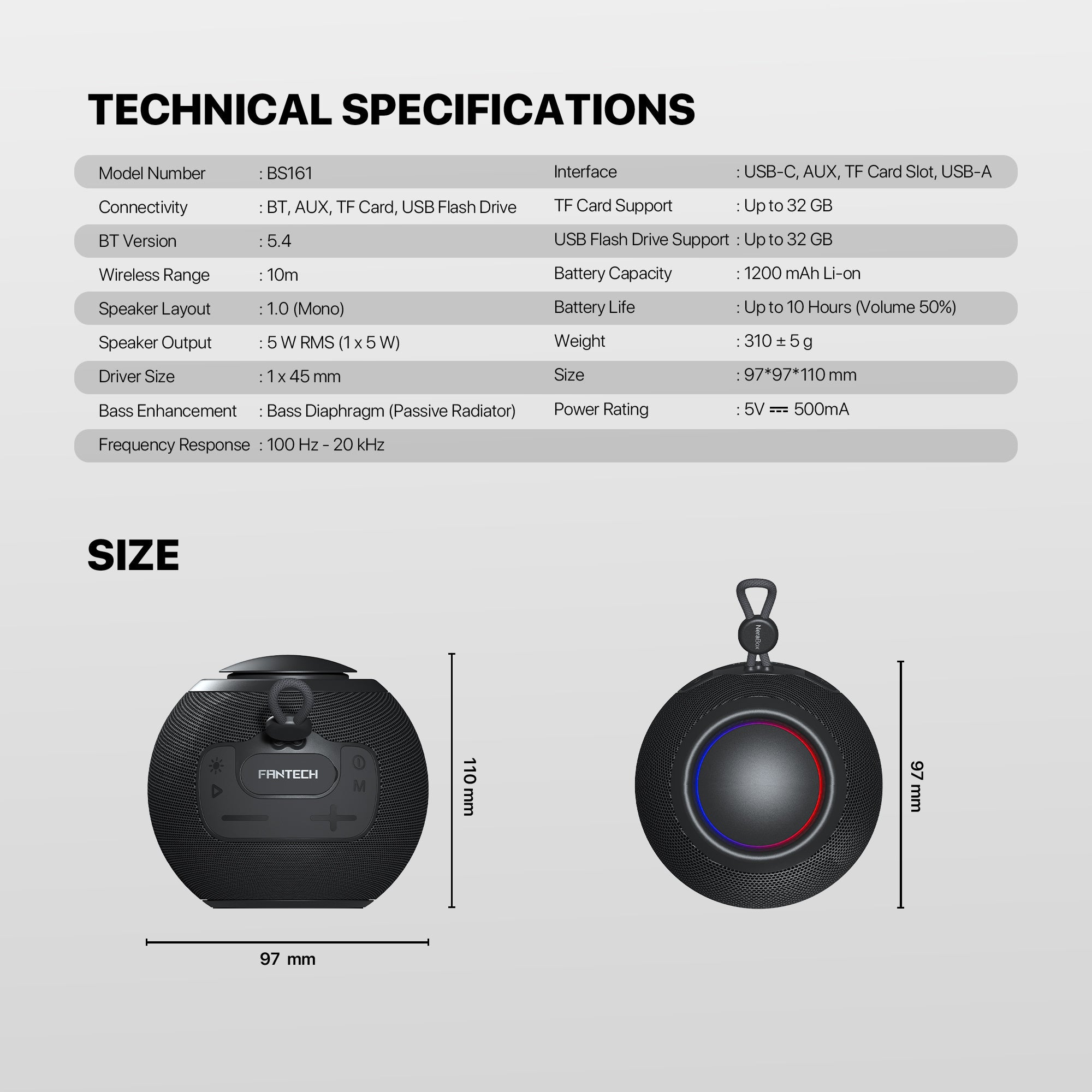 FANTECH BS161 Portable BT Wireless Speaker TWS 4-Way Connectivity TF Card Party Use Hands-Free Call RGB Mini Deep Bass Speakers - Gray