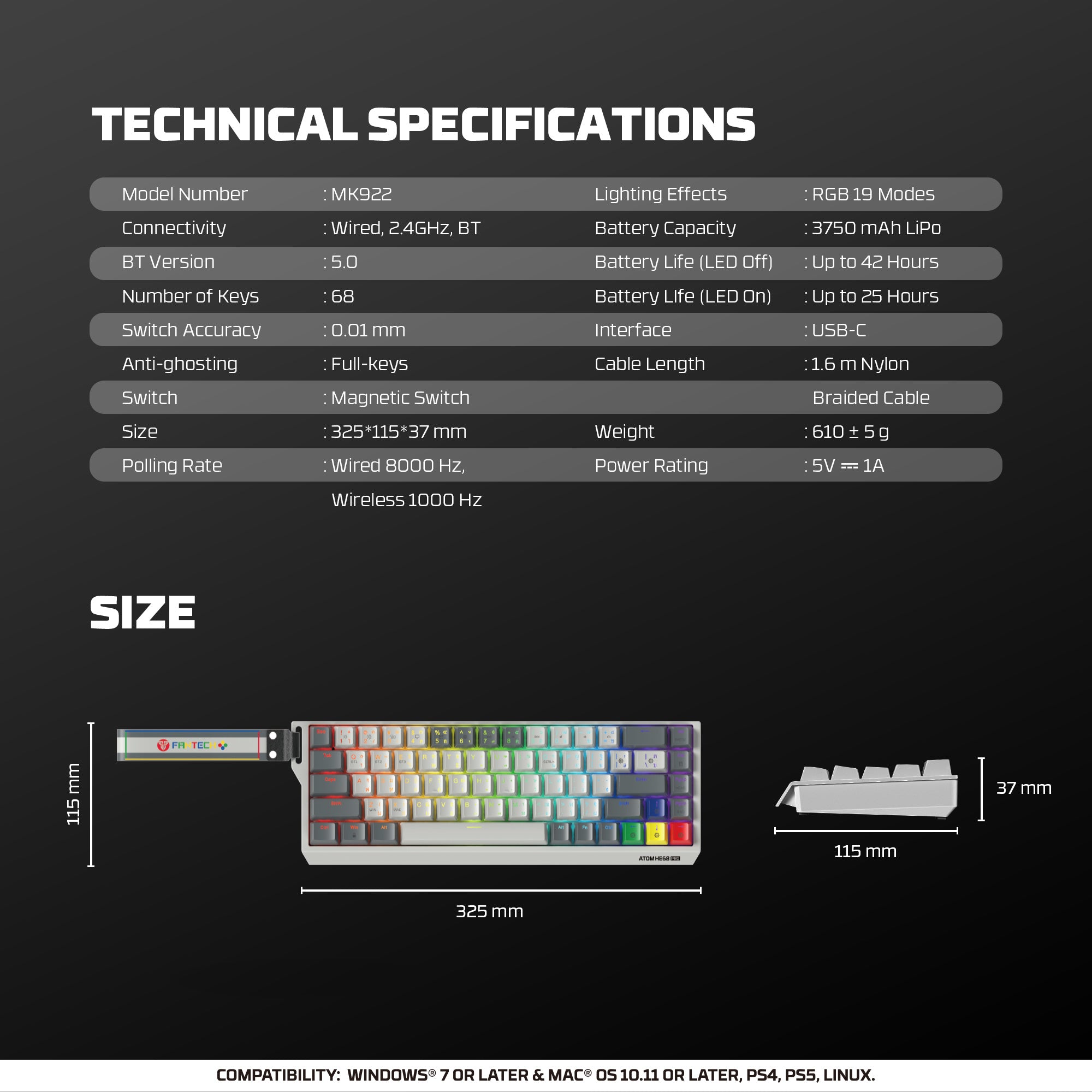 Fantech Keyboard ATOM HE68 MK922 MAGNETIC SWITCH 8000 HZ  – GRAY