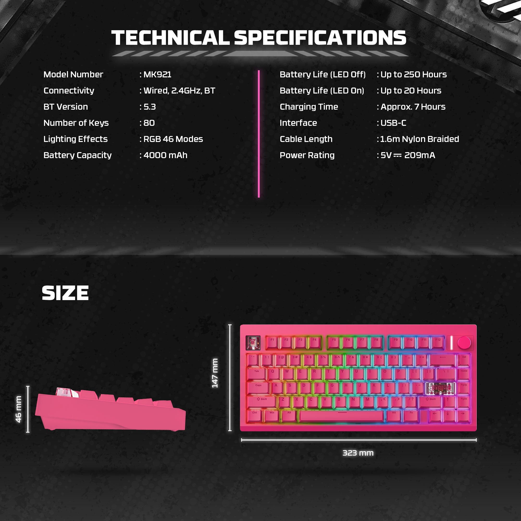 لوحة مفاتيح ميكانيكية Fantech MK921 MAXFIT8 QMK باللون الوردي