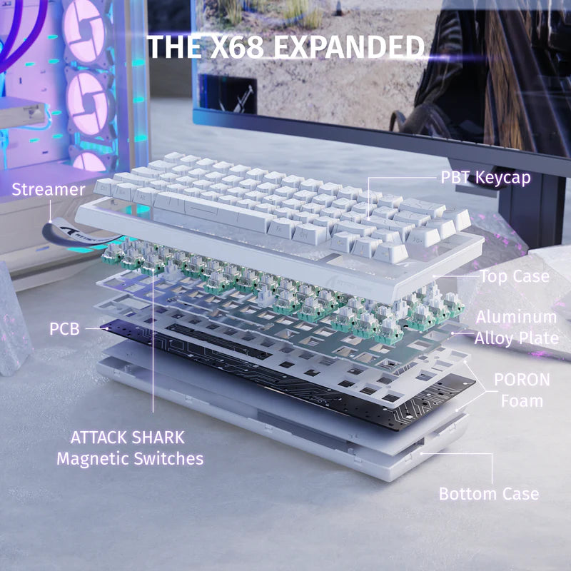 ATTACK SHARK X68 HE Rapid Trigger Mechanical Gaming Keyboard 60% Wired TKL with Adjustable Actuation,Hall Effect Magnetic Switch,8KHz Polling Rate,RGB Backlit,Top Mount for PC Mac Esport Gamer(White))