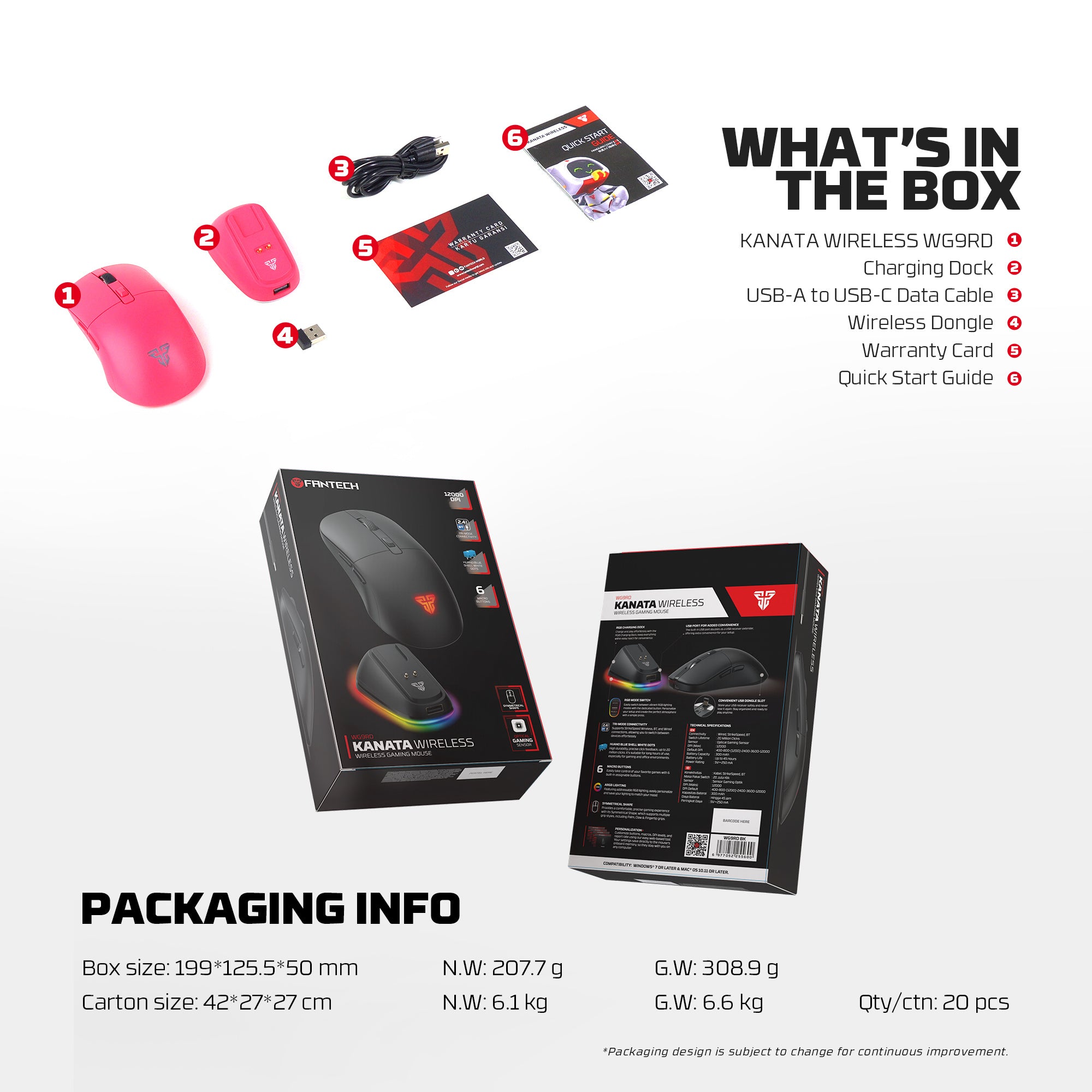 FANTECH WG9RD Wireless Gaming Mouse with Charging Magnetic Base Three Mode 12000DPI Customized E-sports Gamer Mouse