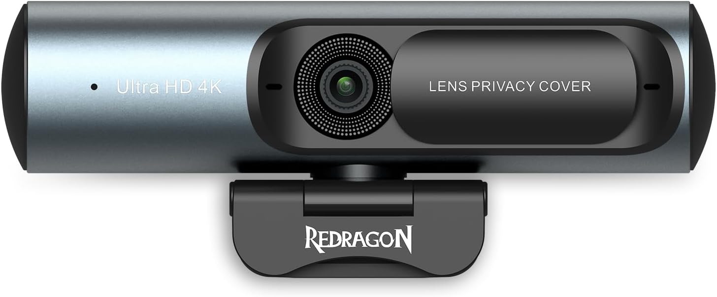 Redragon GW911 4K Webcam for PC, Ultra HD with Dual Noise-Cancelling Mic, PDAF Auto Focus, Auto Light Correction, Plug & Play, Privacy Cover – Works w/Zoom/Teams/Skype/Google Meet