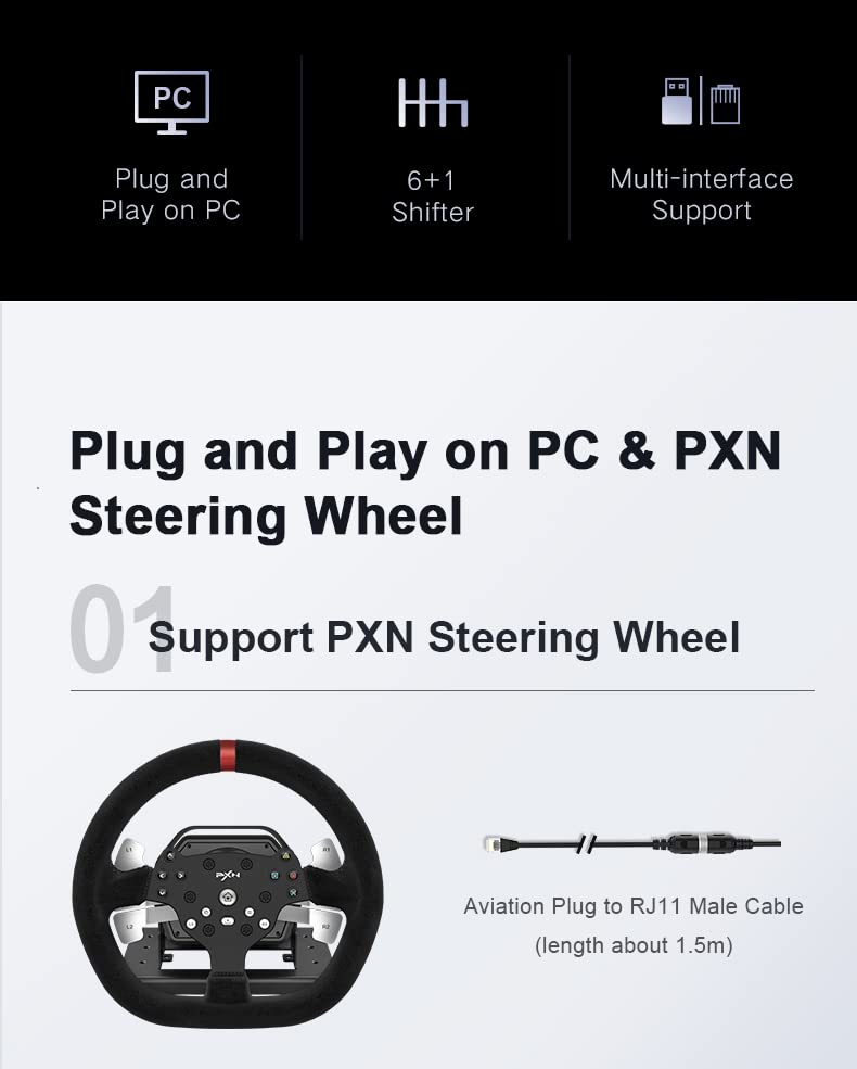 PXN A7 Racing wheel Gear Shifter, 6 +1 Shifter Metal disk with Handbrake Button and Shift Button for High & Low Gear Universal Includes DIN-USB, DIN-RJ11, DIN-DIN cables Shifter for PS4 /PS5/PC/XBOX