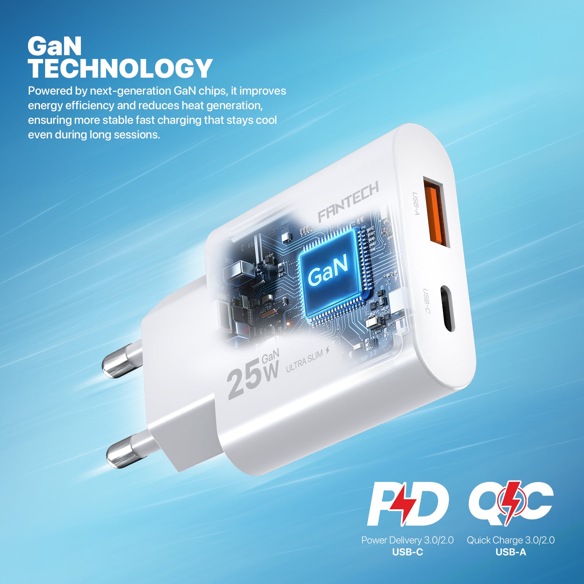 Fantech PowerPLUS PPS251 25W GaN Fast Charger – Dual-Port USB-C & USB-A PD + QC Wall Charger, Ultra-Slim Compact Design with Smart Charging & Safety Protection