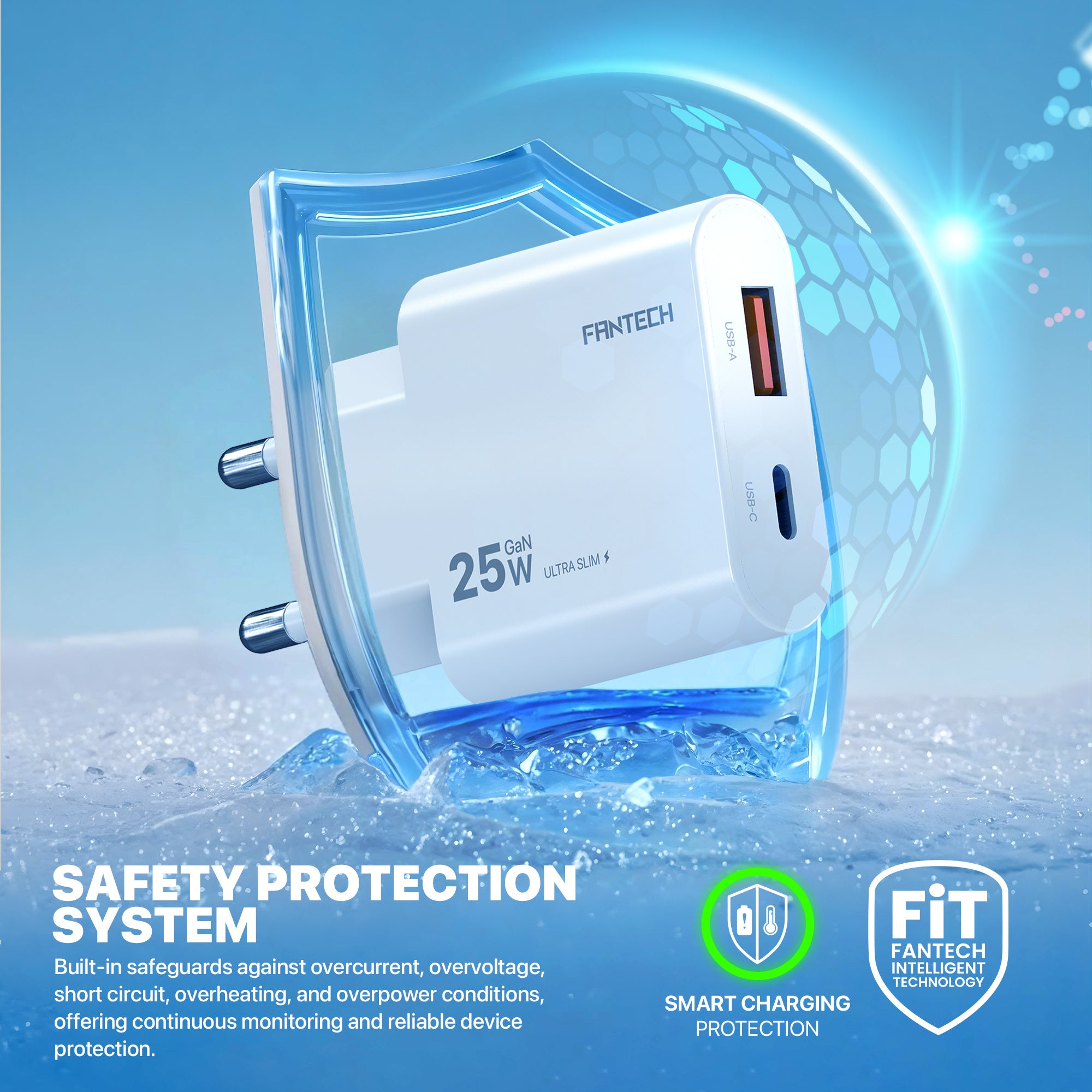 Fantech PowerPLUS PPS251 25W GaN Fast Charger – Dual-Port USB-C & USB-A PD + QC Wall Charger, Ultra-Slim Compact Design with Smart Charging & Safety Protection
