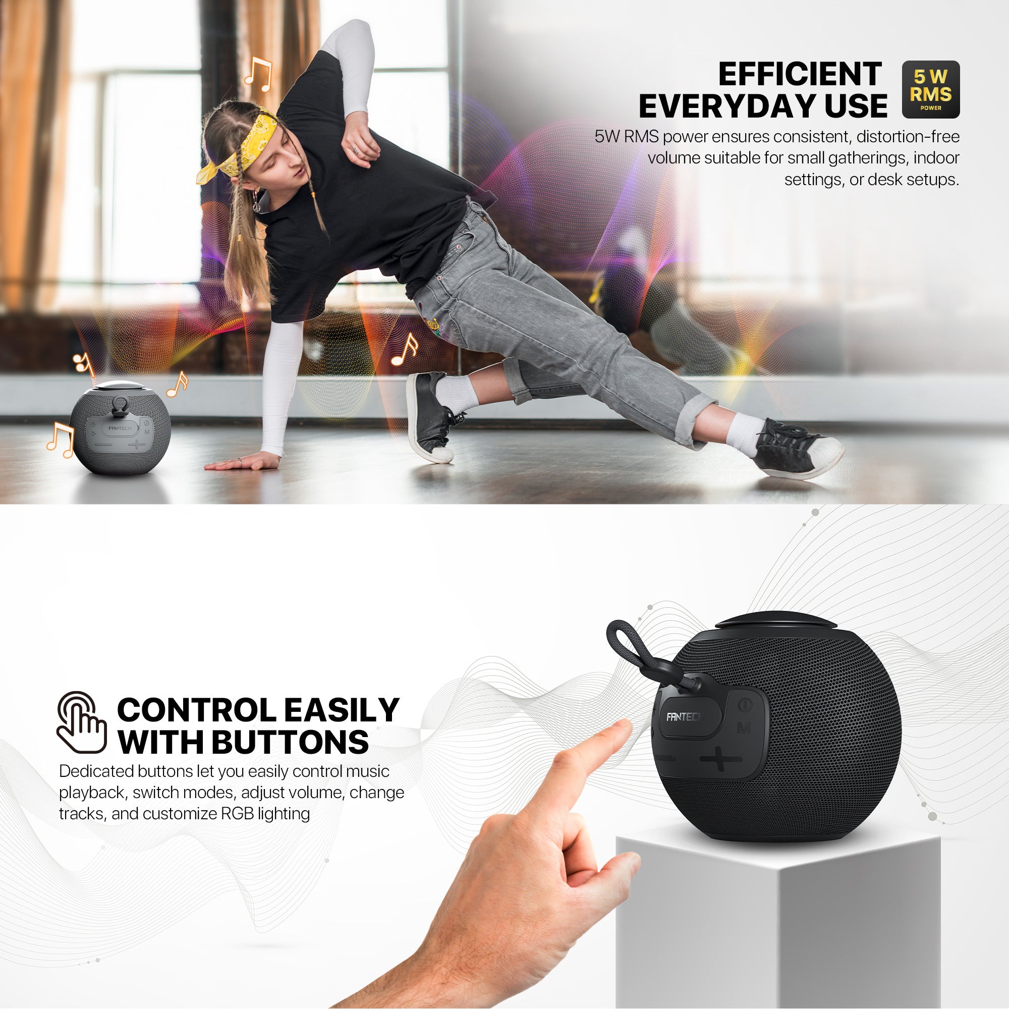 FANTECH BS161 Portable BT Wireless Speaker TWS 4-Way Connectivity TF Card Party Use Hands-Free Call RGB Mini Deep Bass Speakers - Gray