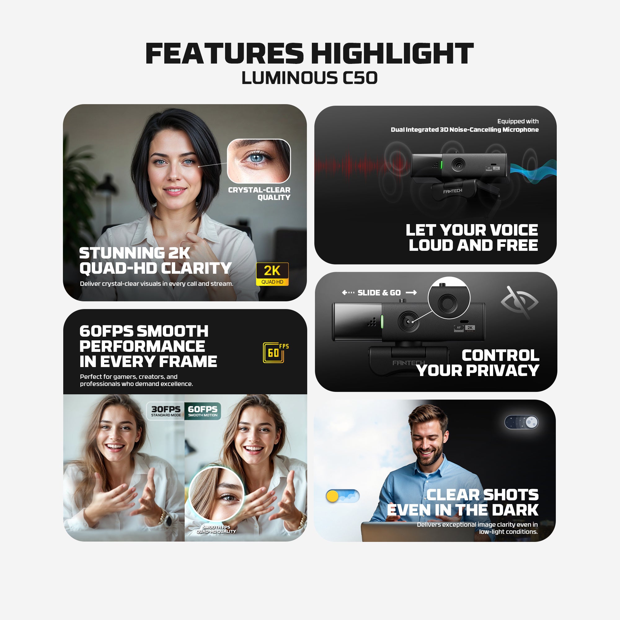 Fantech Luminous C50 Quad High-Definition Webcam 2K Quad-HD Support 60 FPS & 3D Noise Cancelling Mic