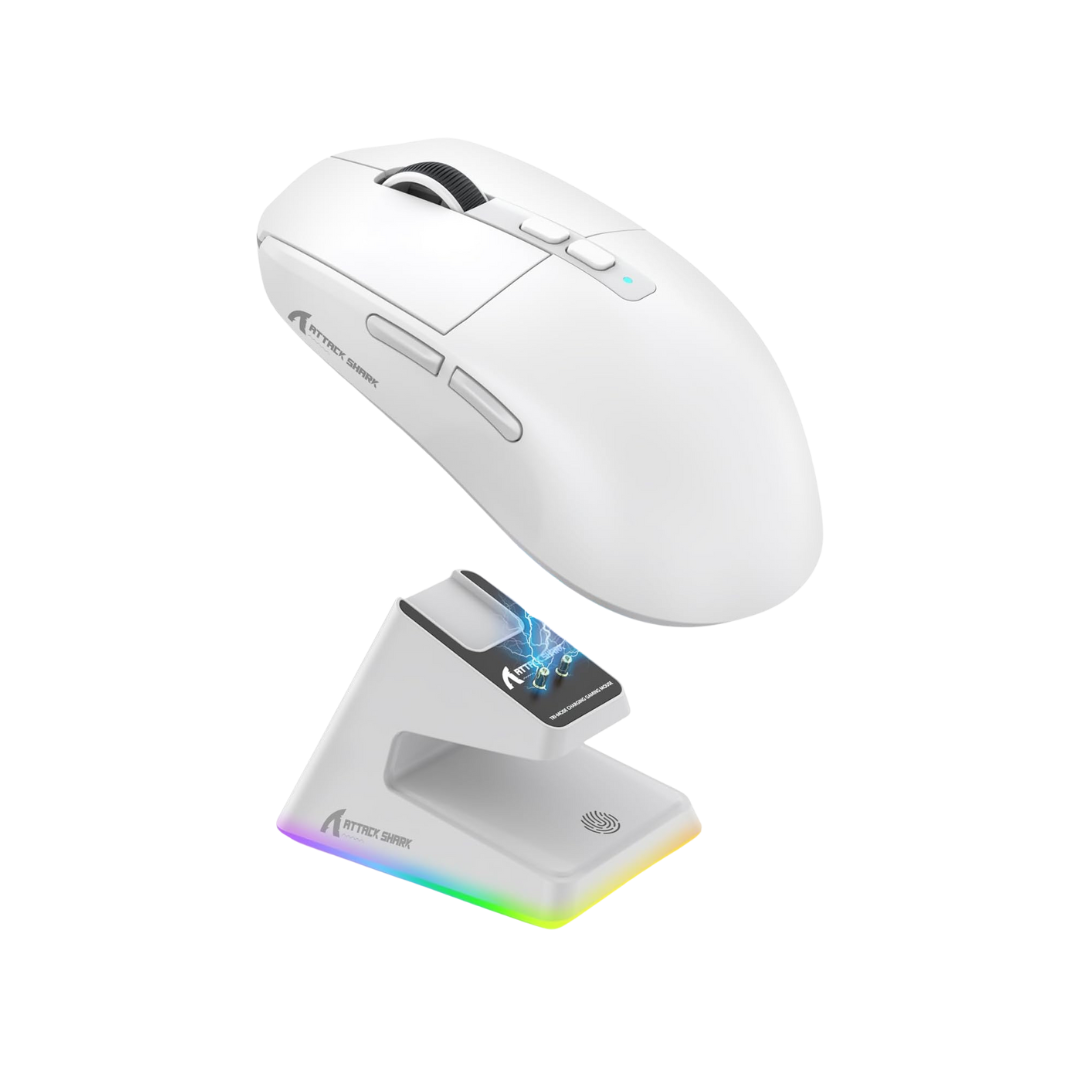 ATTACK SHARK X6 Lightweight Wireless Gaming Mouse with RGB Backlight Charging Base,Tri-Mode Wired/2.4GHz/BT5.2,26K DPI, PAW3395 Optical Sensor,HUANO Switch,5programmable Buttons,PC/Mac(White)