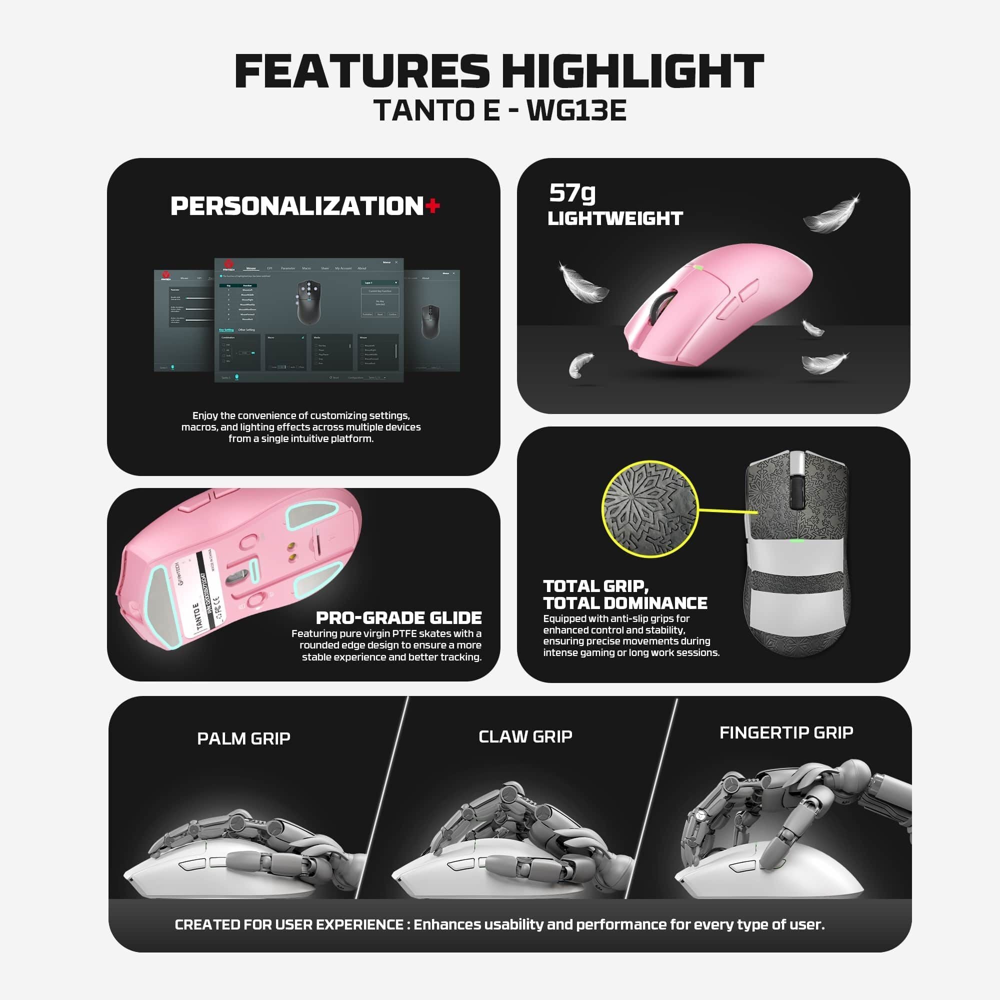 FANTECH TANTOE WG13E Wireless Mouse Three-mode switching and Magnetic Rechargeable Dock PixArt PAW3311 Up to 45 hours Macro Mic - Pink