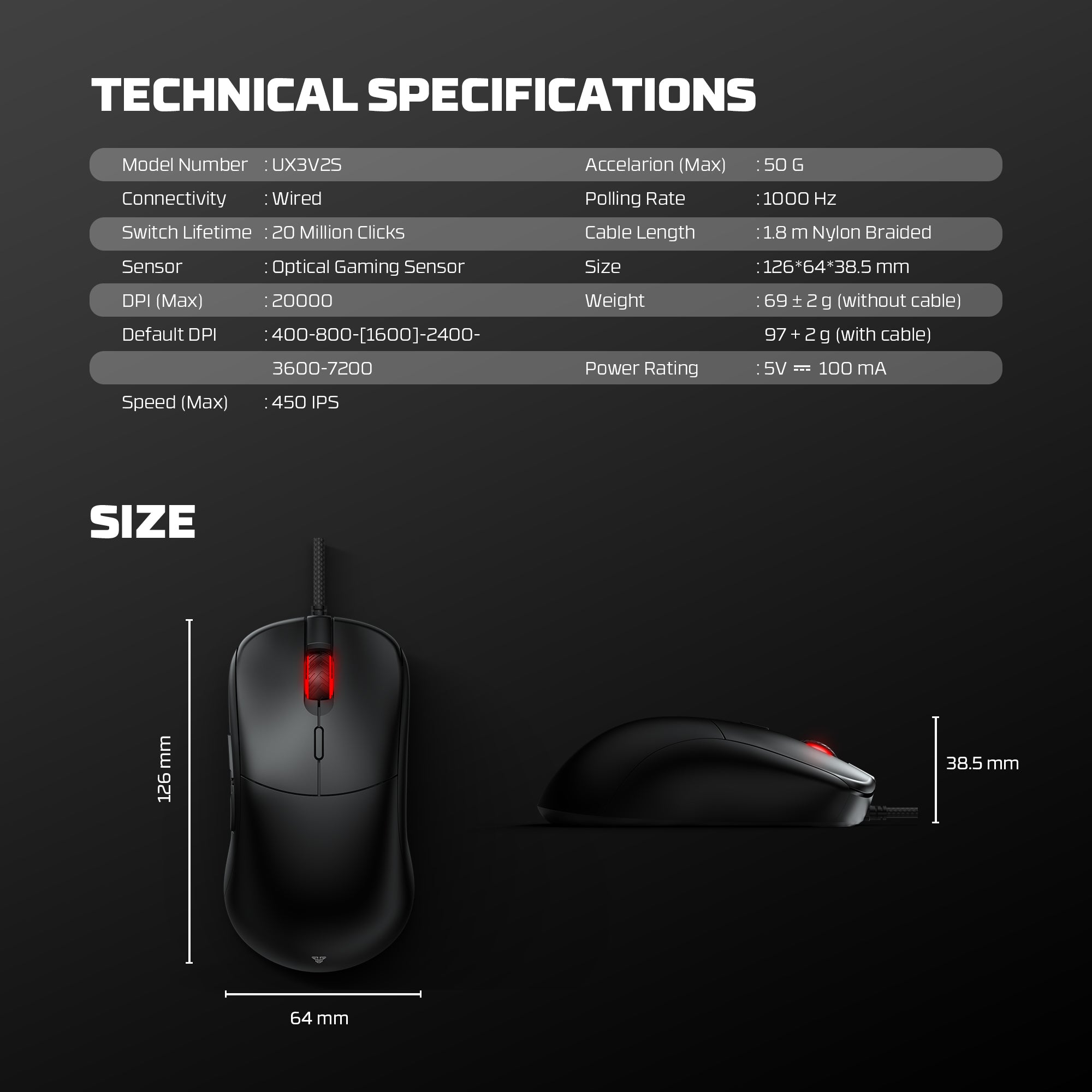 Fantech Helios Neo UX3V2S Wired Gaming Mouse with RGB Lighting 6D Macro Function 400-20000 Adjustable DPI 20 Million Clicks Plug & Play Tracking Speed Up to 450 IPS / 50G Acceleration 1.8m Nylon Braided USB Cable Connectivity 1000Hz Polling Rate