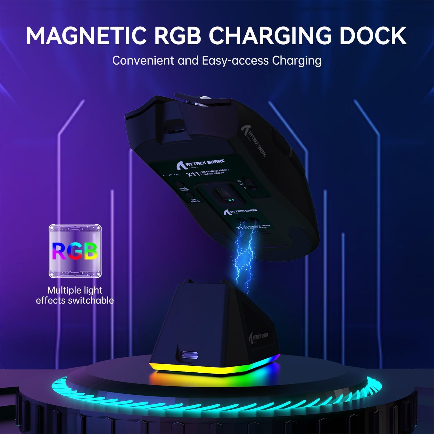 ATTACK SHARK X11 Lightweight Wireless Gaming Mouse with RGB Charging Dock,Tri-Mode-2.4G/USB-C Wired/BT,22K DPI,PAW3311 Optical Sensor,HUYU Switch, 5 programmable Buttons for PC/Mac(Black)
