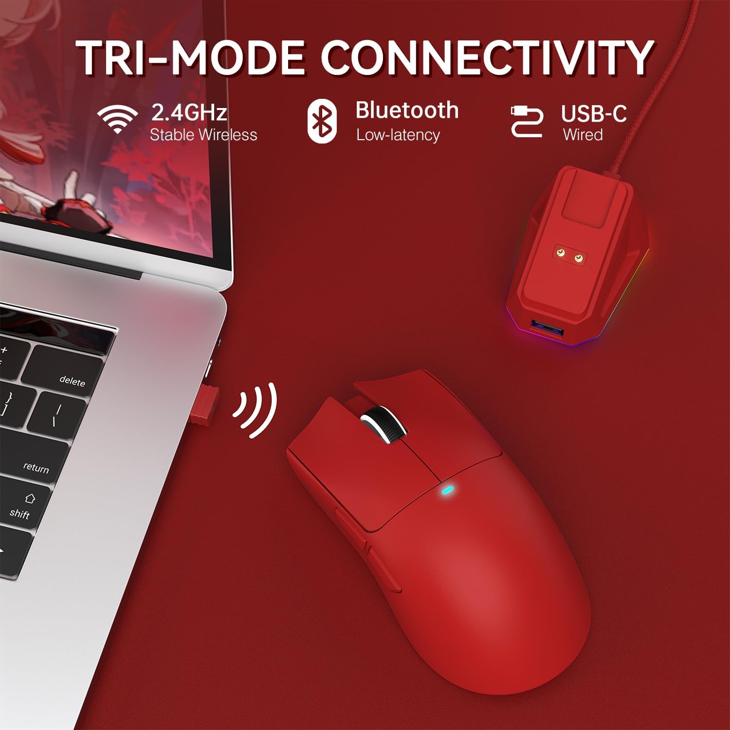 ATTACK SHARK X11 Lightweight Wireless Gaming Mouse with RGB Charging Dock,Tri-Mode-2.4G/USB-C Wired/BT,22K DPI,PAW3311 Optical Sensor,HUYU Switch, 5 programmable Buttons for PC/Mac(Red)