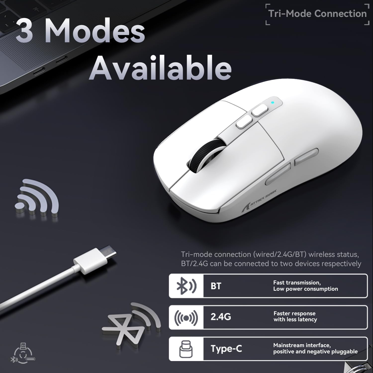 ATTACK SHARK X6 Lightweight Wireless Gaming Mouse with RGB Backlight Charging Base,Tri-Mode Wired/2.4GHz/BT5.2,26K DPI, PAW3395 Optical Sensor,HUANO Switch,5programmable Buttons,PC/Mac(White)