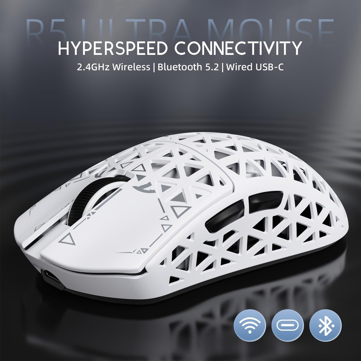 ATTACK SHARK R5Ultra 8K Carbon Fiber Wireless Gaming Mouse with 42000 DPI -PAW3950 MAX Sensor -39g Ultra-Lightweight-Nordic 52840 MCU Chip-Wired/BT/2.4GHz Wirelss Programmable Mouse for PC/Mac (White)