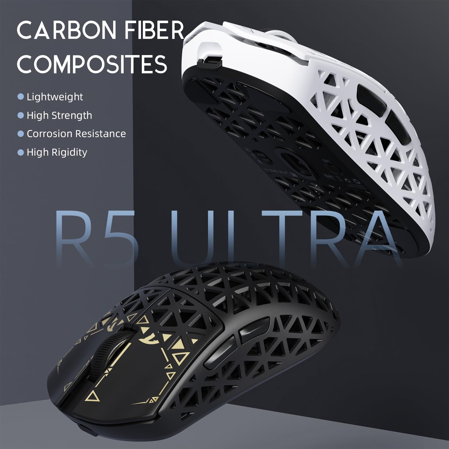 ATTACK SHARK R5Ultra 8K Carbon Fiber Wireless Gaming Mouse with 42000 DPI -PAW3950 MAX Sensor -39g Ultra-Lightweight-Nordic 52840 MCU Chip-Wired/BT/2.4GHz Wirelss Programmable Mouse for PC/Mac (White)