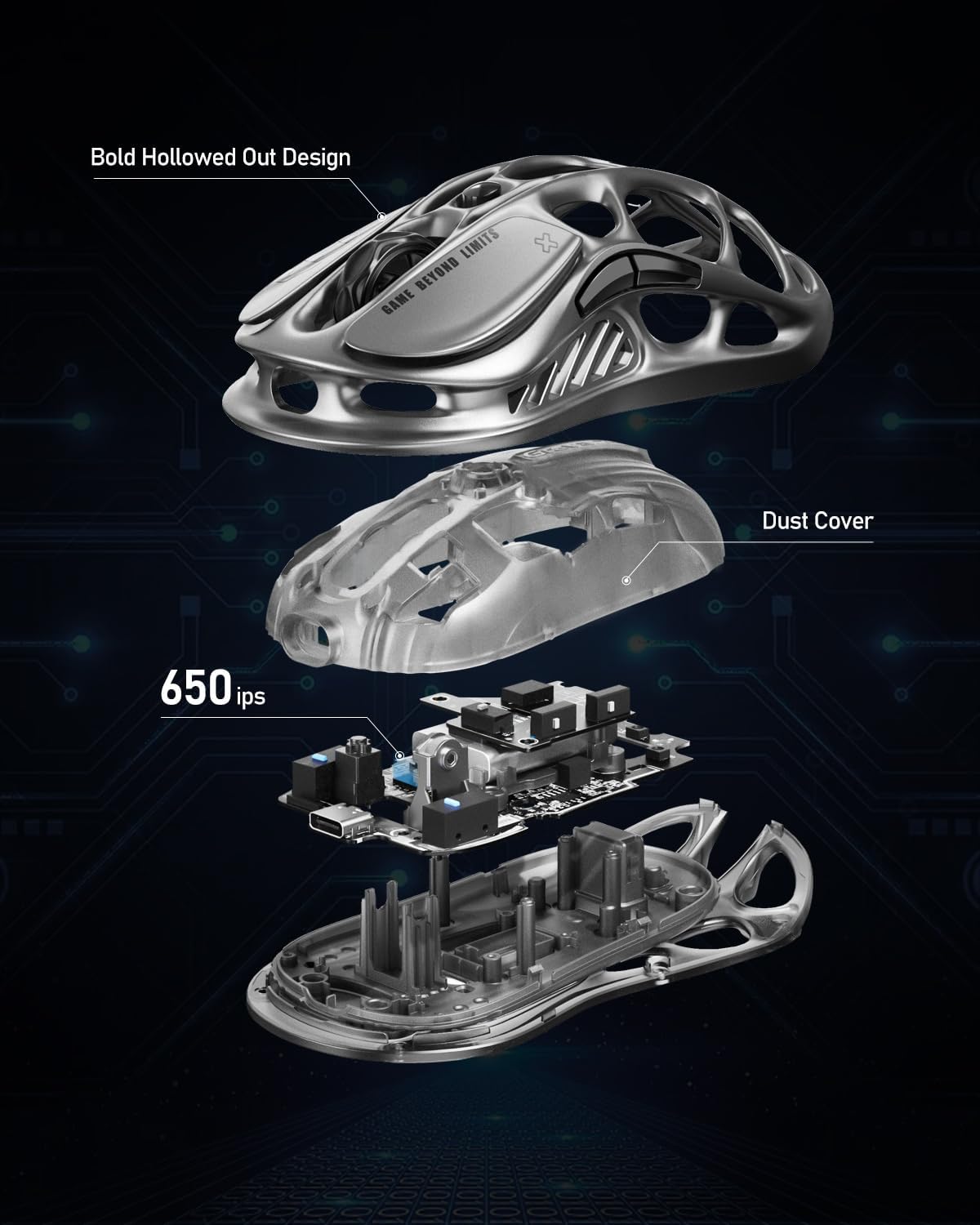 ماوس الألعاب اللاسلكي GravaStar Mercury M2 بدقة 26000 نقطة في البوصة، ومستشعر PAW3395DM، ووزن خفيف 79 غرامًا، وتصميم مجوف، و5 أزرار قابلة للبرمجة، و5 إضاءة RGB ديناميكية متزامنة، ولون أسود أنيق.