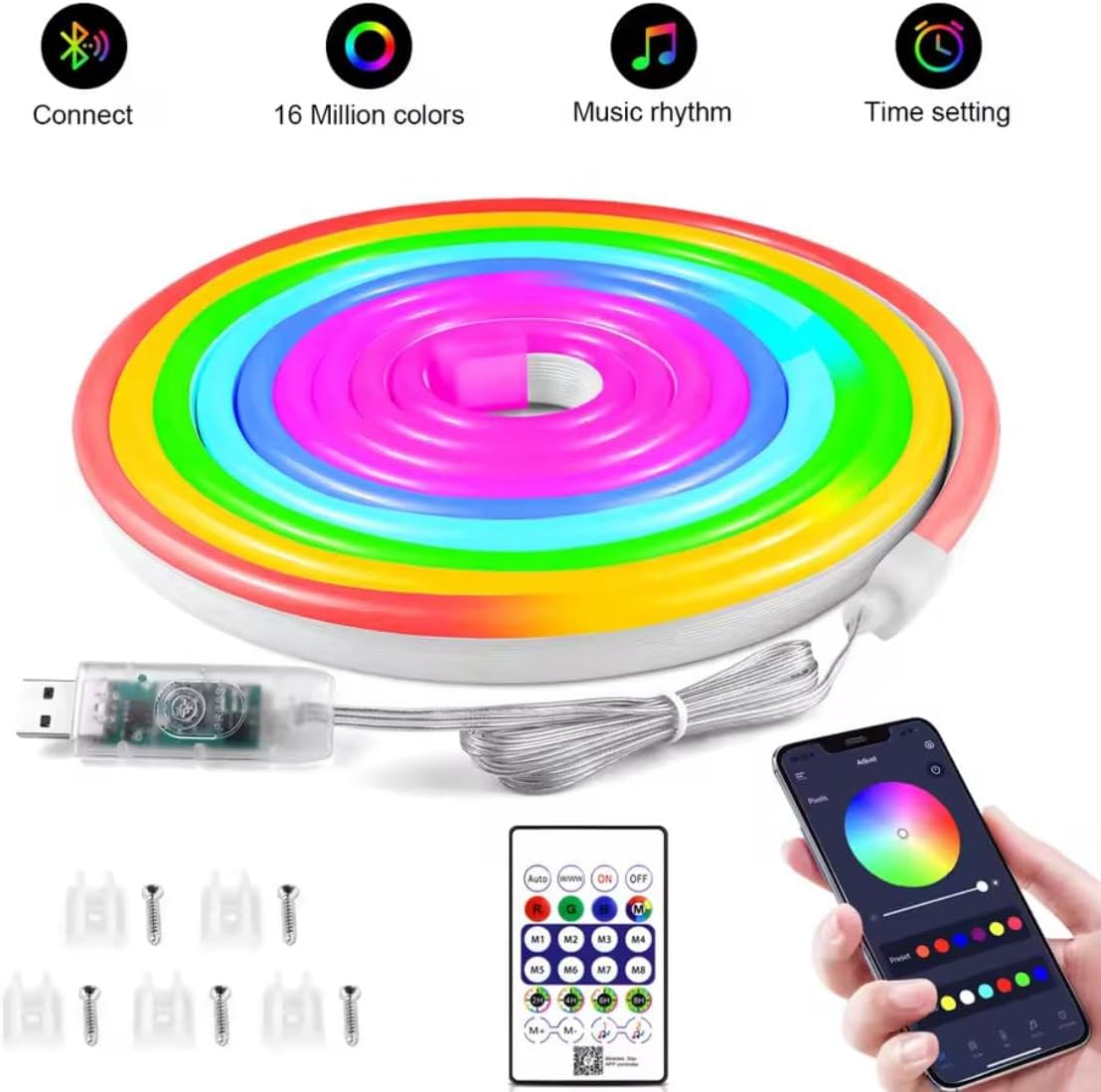 5M RGB-IC Neon LED Strip Light – 60+ dynamic lighting effects, Smart App & Remote Control with Music Sync, USB Powered, Flexible & IP68 Waterproof – ideal for gaming,home Decor,and parties