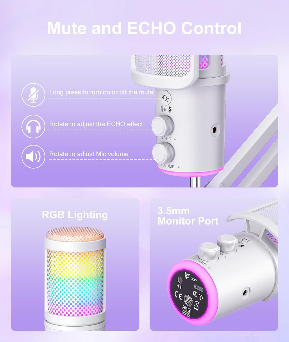 Gaming USB Microphone, Noise Cancellation Condenser Mic with Mute,Boom Arm Mic-Reverb Adjustment, Monitoring for Streaming, Podcasting, Discord, YouTube,PC, Computer, PS4, PS5, Mac-White