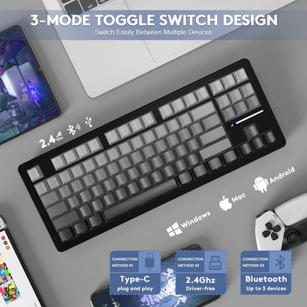 ATTACK SHARK M87 PRO Wireless Mechanical Gaming Keyboard,Hot Swappable Gasket RGB Custom Keyboard,Linear Switch&Side Printed PBT Keycaps,BT5.0/2.4Ghz/Type-C,5000mAh Battery for Win Mac(Moonlight)