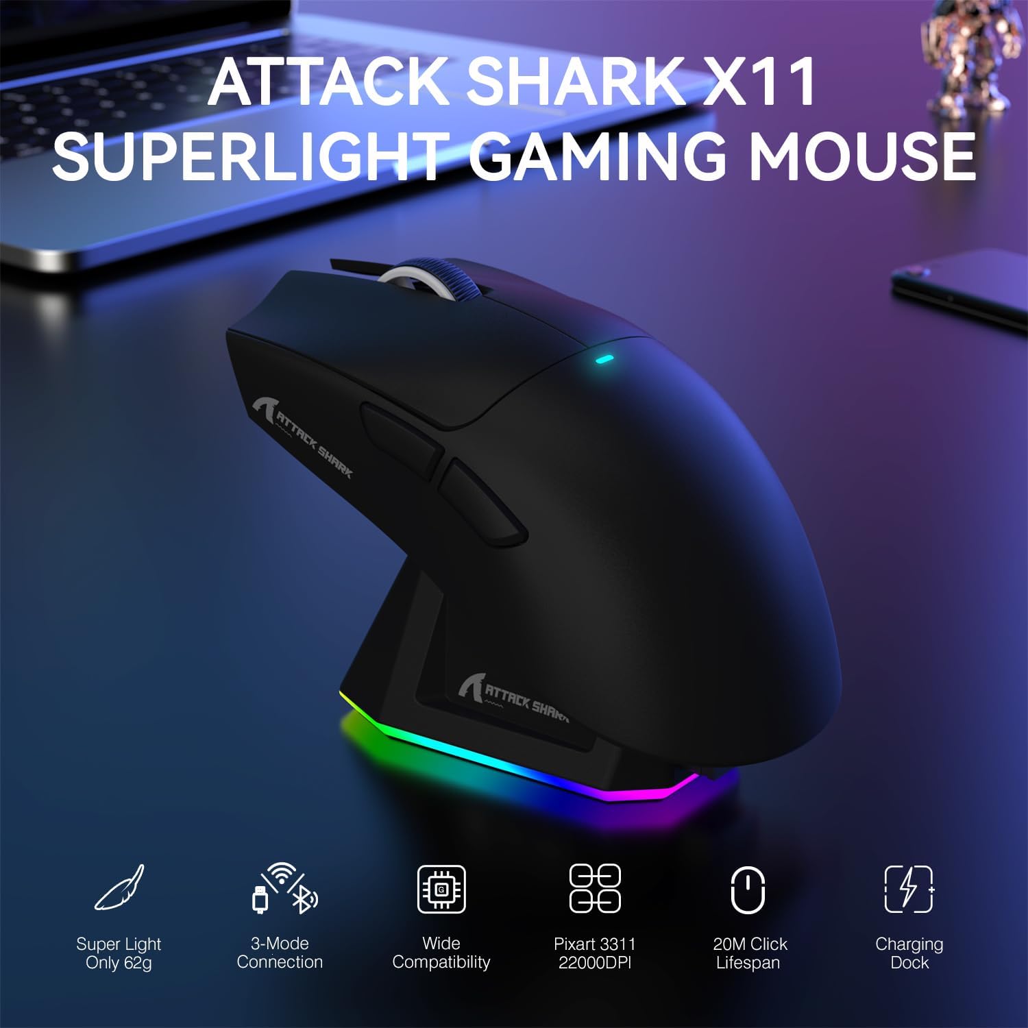 ATTACK SHARK X11 Lightweight Wireless Gaming Mouse with RGB Charging Dock,Tri-Mode-2.4G/USB-C Wired/BT,22K DPI,PAW3311 Optical Sensor,HUYU Switch, 5 programmable Buttons for PC/Mac(Black)