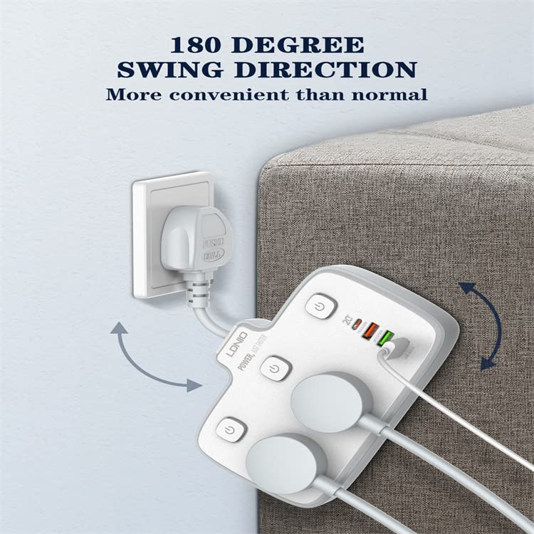 LDNIO SC2413 Universal Power Strip Surge Protector with 4 USB Ports - 2 AC Outlets, 3A1C Green USB, Orange USB-A (QC18W), Type-C (PD20W) - 100-250V, 10A, 2500W - Max 20W Output Power - Extension Cord Adapter Electricity Wall Charger Socket