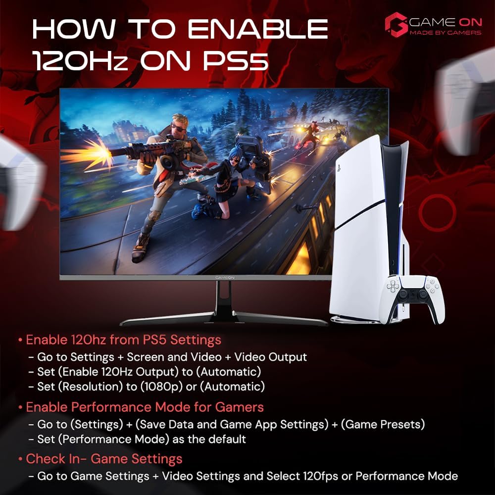 GAMEON 27 Inch Gaming Monitor - FHD 1080P Computer Monitor 120Hz IPS 1ms Monitors - 16:9 Wide IPS gaming Screen HDMI VGA DisplayPort Built-in Speakers (Support PS5)