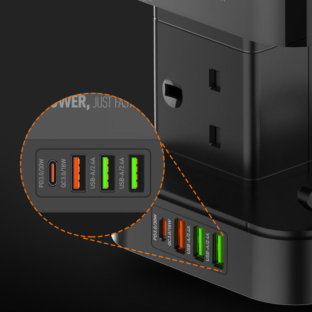 LDNIO 2m Tower Extension Lead with 6 Sockets 4 USB Slots & Wireless Charger UK