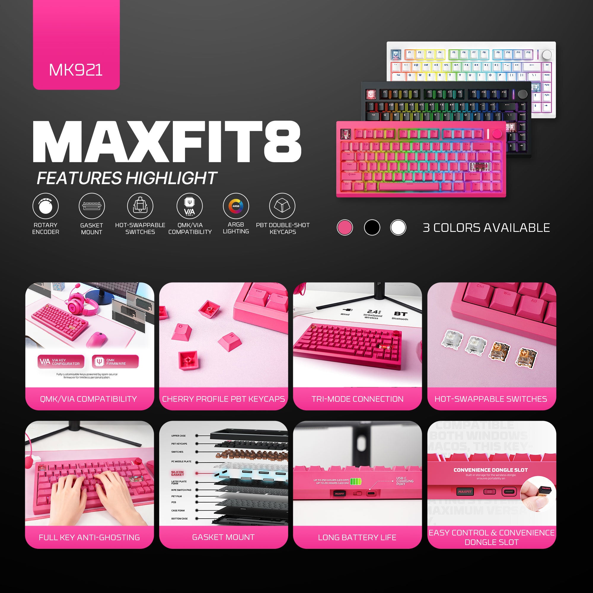 لوحة مفاتيح ميكانيكية Fantech MK921 MAXFIT8 QMK باللون الوردي