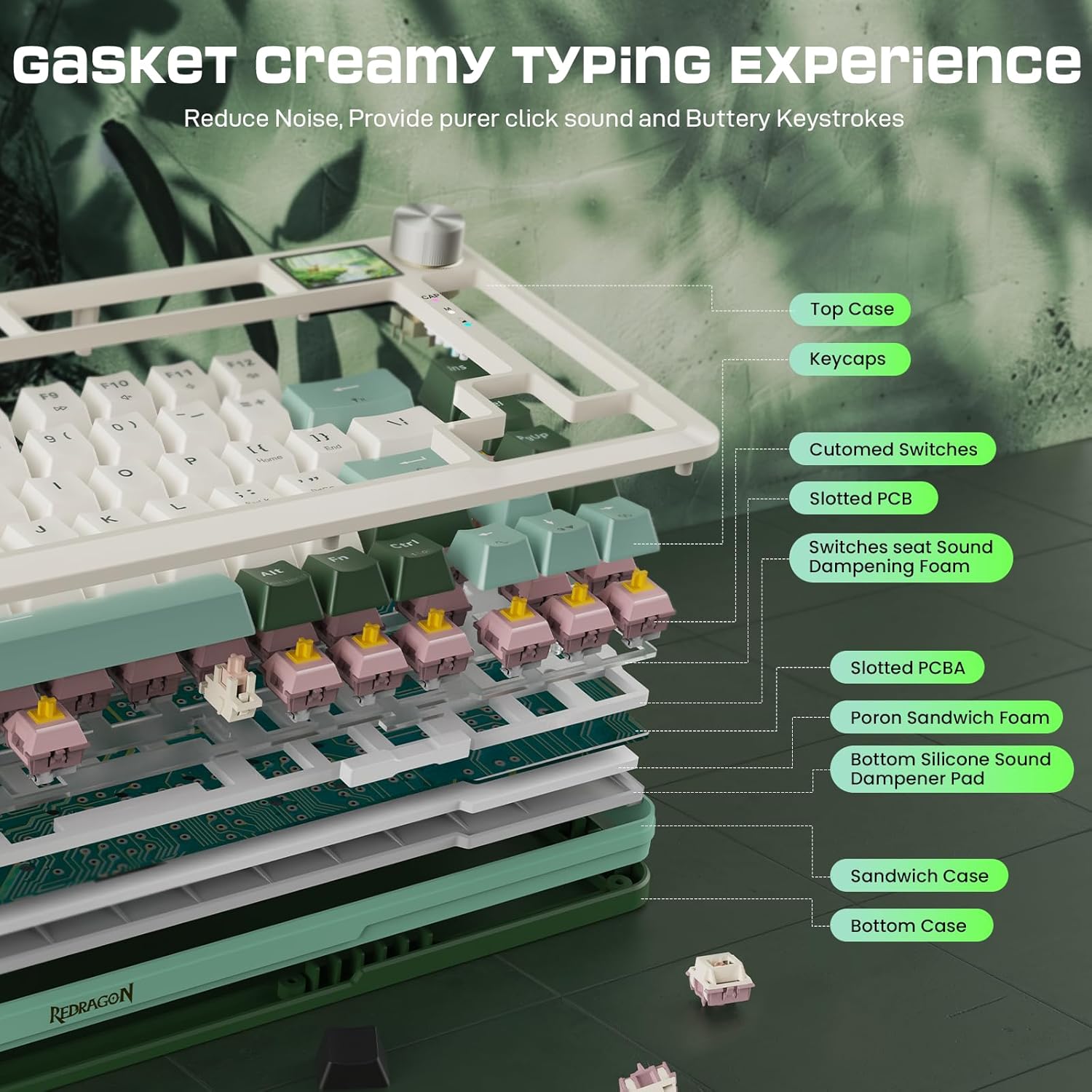 Redragon K708 Pro Wireless Mechanical Gaming Keyboard - Gasket-Mounted RGB Backlit, 81 Customizable Keys, 3-Mode (2.4G/Bluetooth/USB), Hot-Swap Pre-Lubed Switches, Screen & Control Knob - White Green