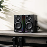 Redragon GS812 Wireless RGB Wooden Desktop Speakers, 2.0 Channel Bookshelf Speaker w/BT 5.0/3.5mm AUX Connection, Enhanced Bass/Volume Knob Control, Extra Mic/Audio Jacks & Dynamic RGB Lighting Bar